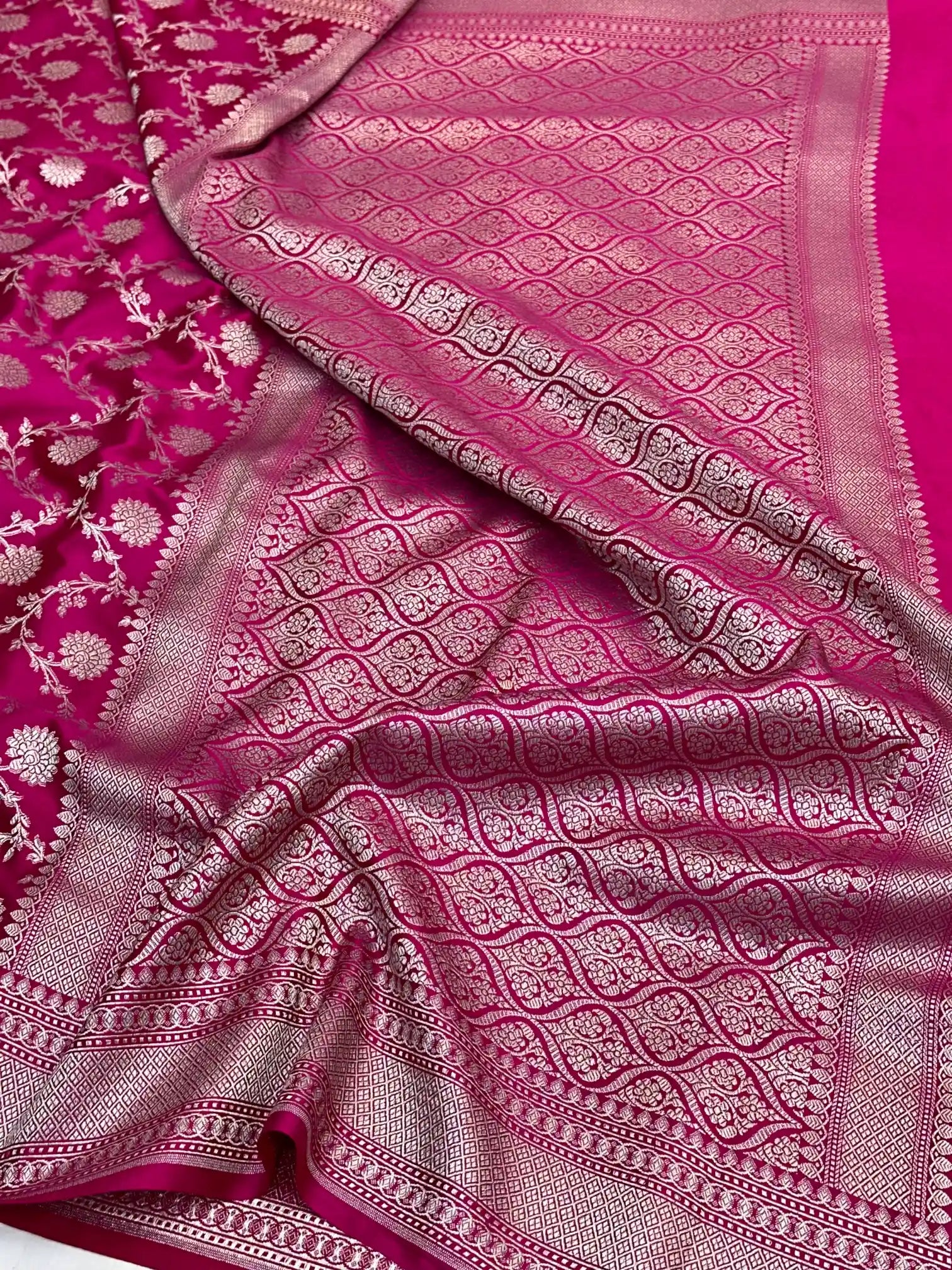 Rani Pink Shade Intricately Weaved Mashru Katan Silk Banarasi Saree with Heritage Floral Weave
