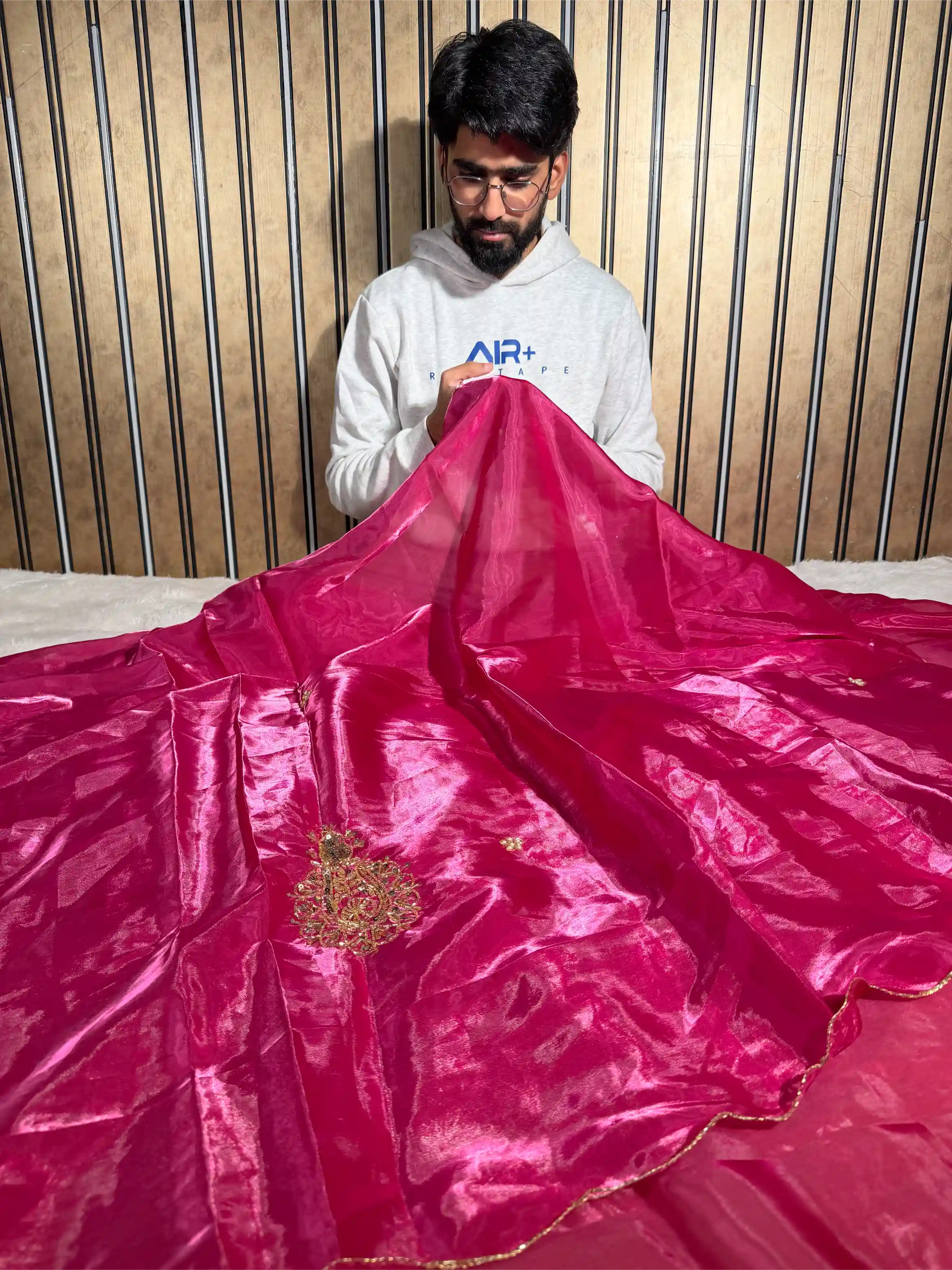 Rani Pink Shimmery Tissue Handwork Saree