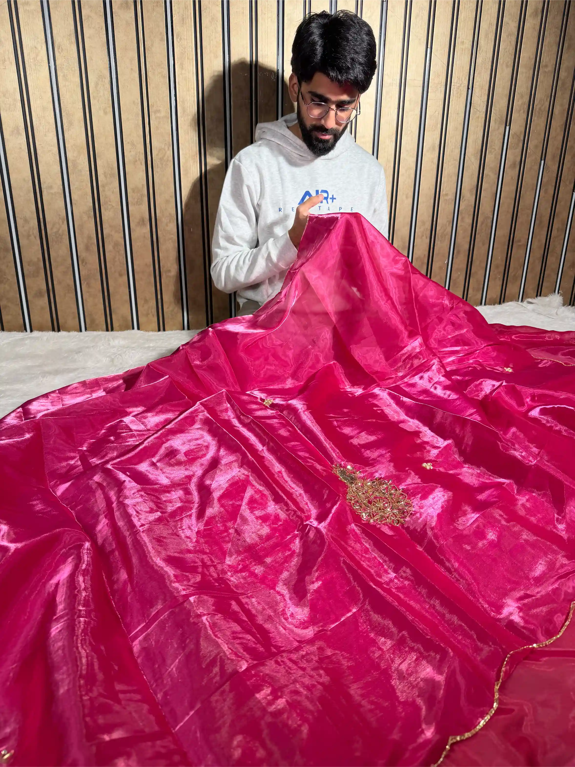 Rani Pink Shimmery Tissue Handwork Saree