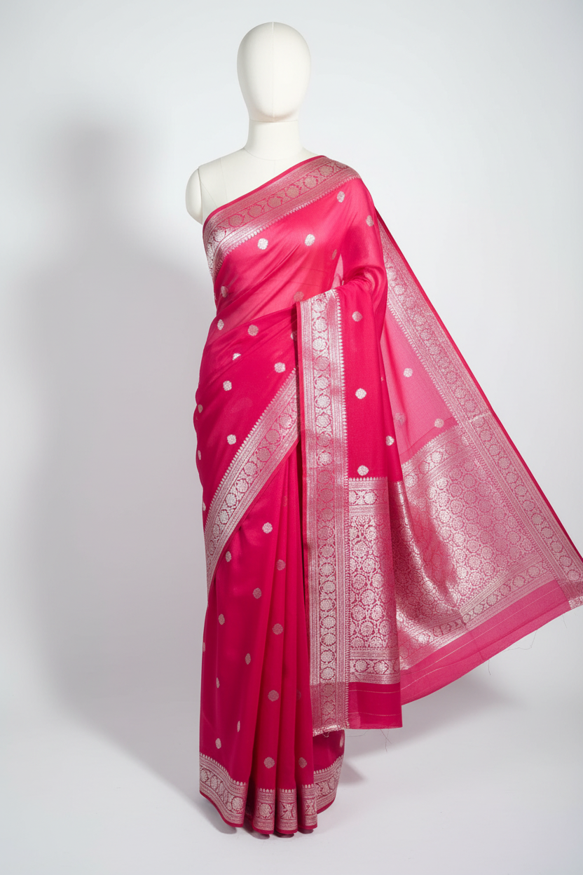 Rani Pink Soft Georgette Khaddi Buti Banarasi Saree