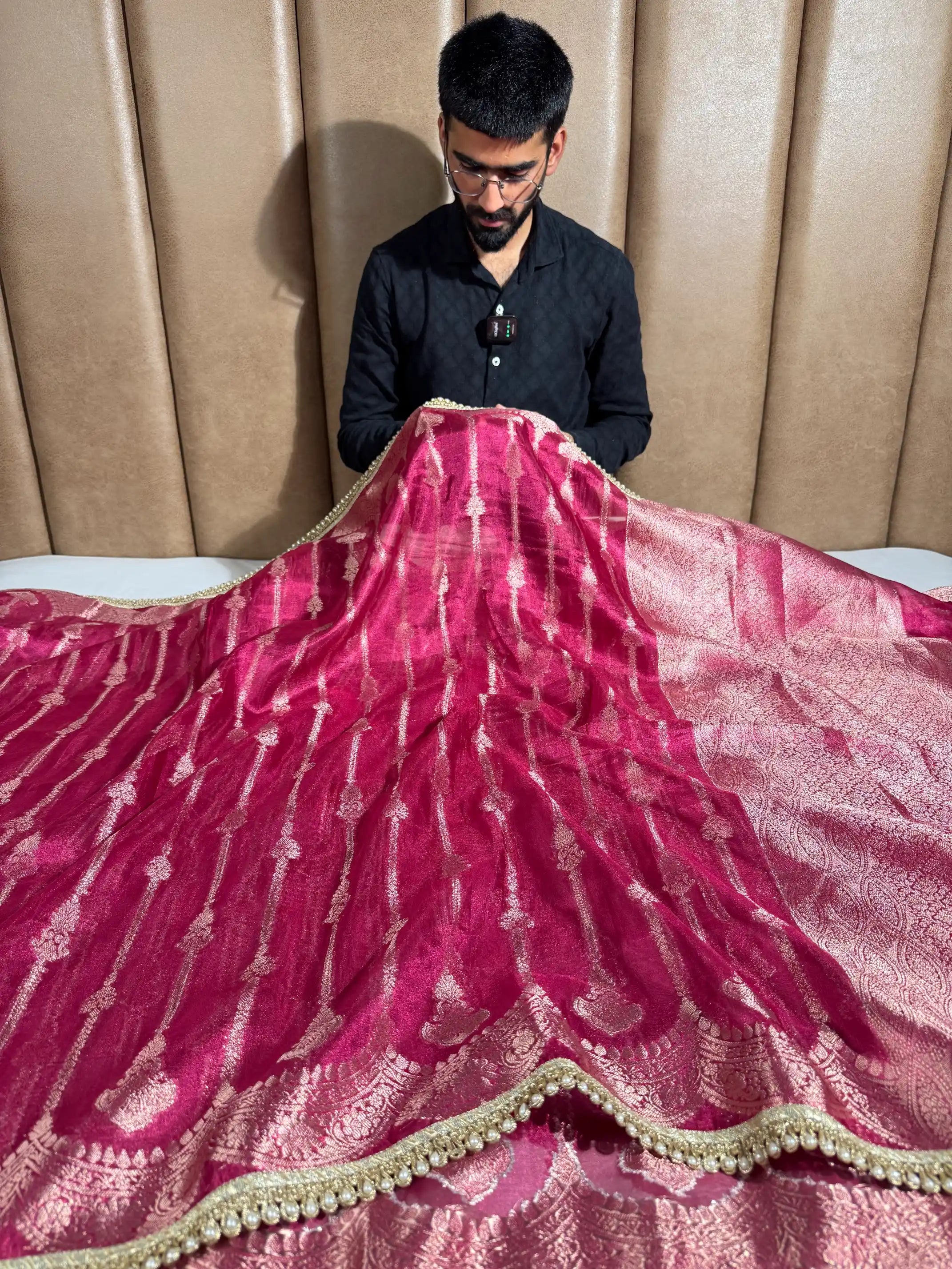 Rani Pink Soft Tissue Silk Heritage Weave Lace Work Banarasi Saree