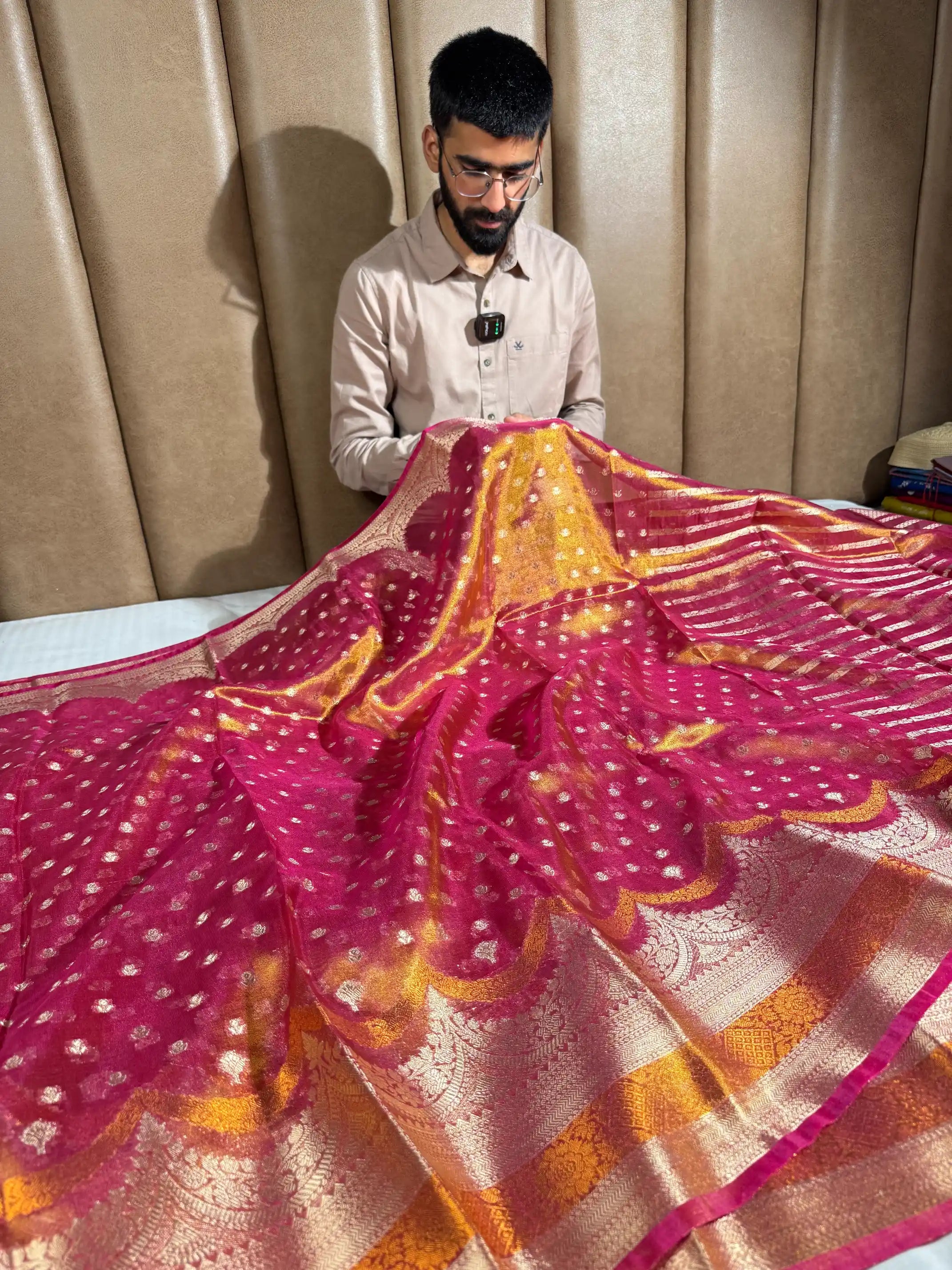 Rani Pink Tissue Silk Contemporary Heritage Weave Banarasi Saree