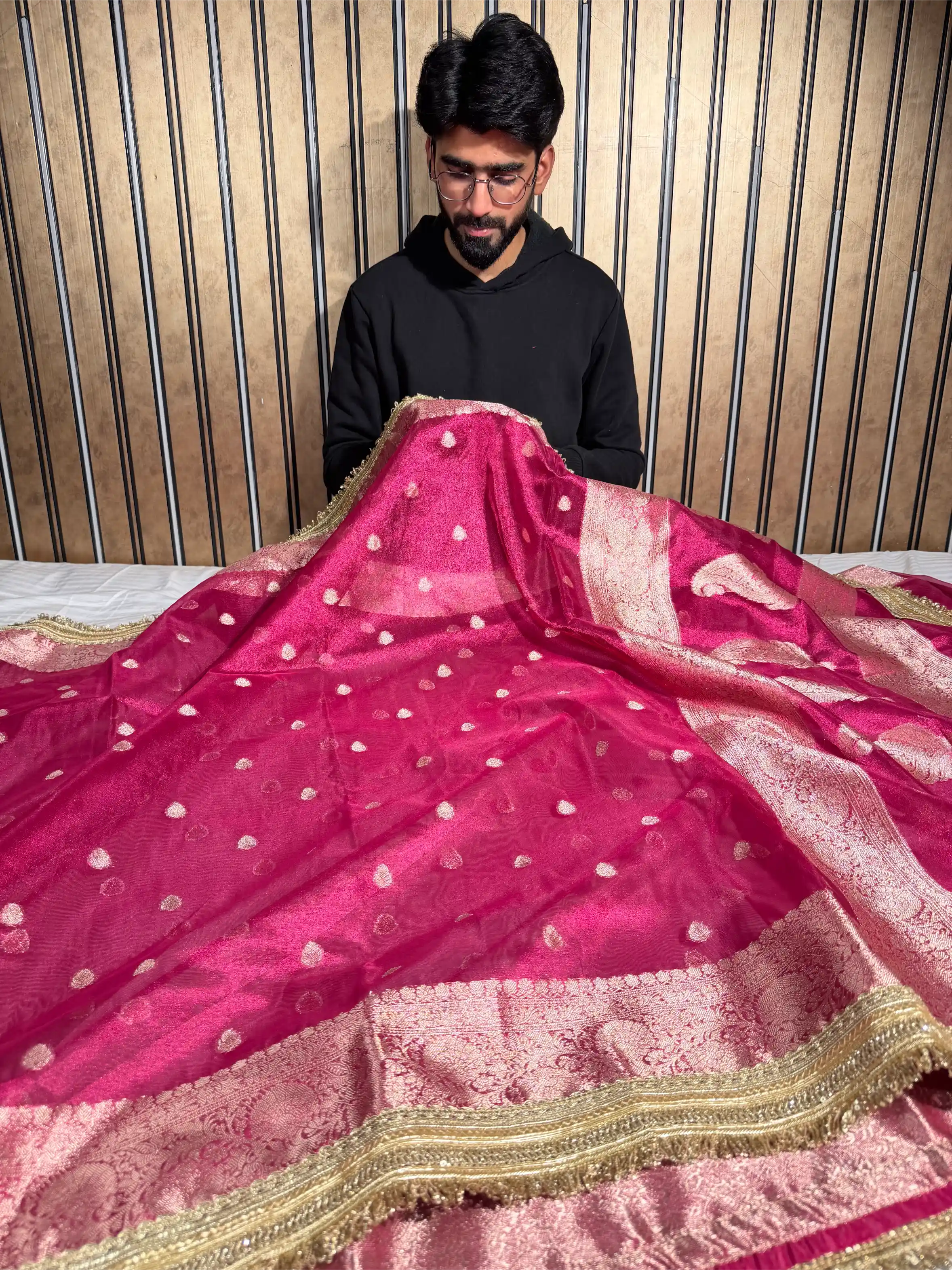 Rani Pink Tissue Silk Designer Lace Attached Banarasi Saree