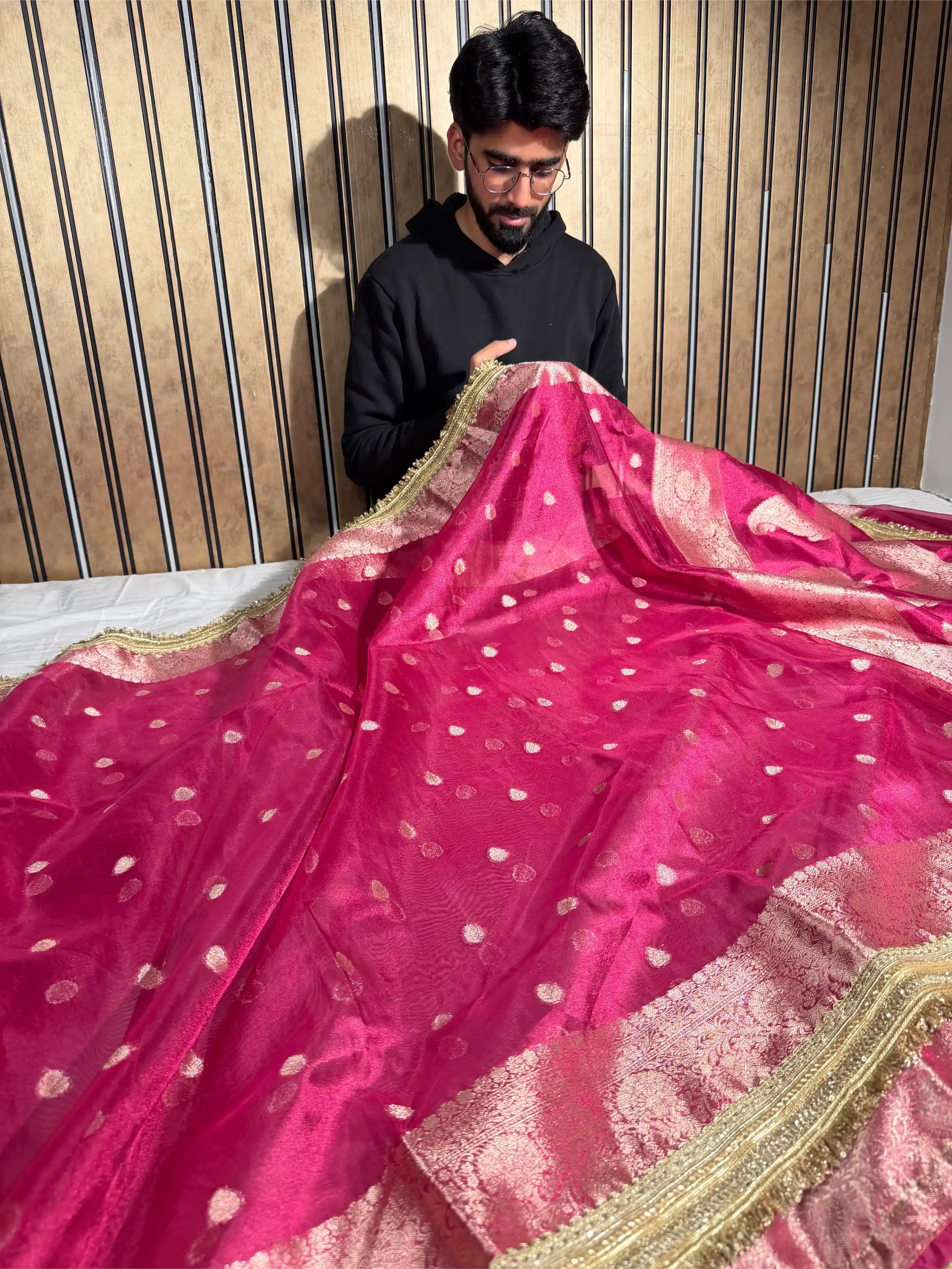 Rani Pink Tissue Silk Designer Lace Attached Banarasi Saree