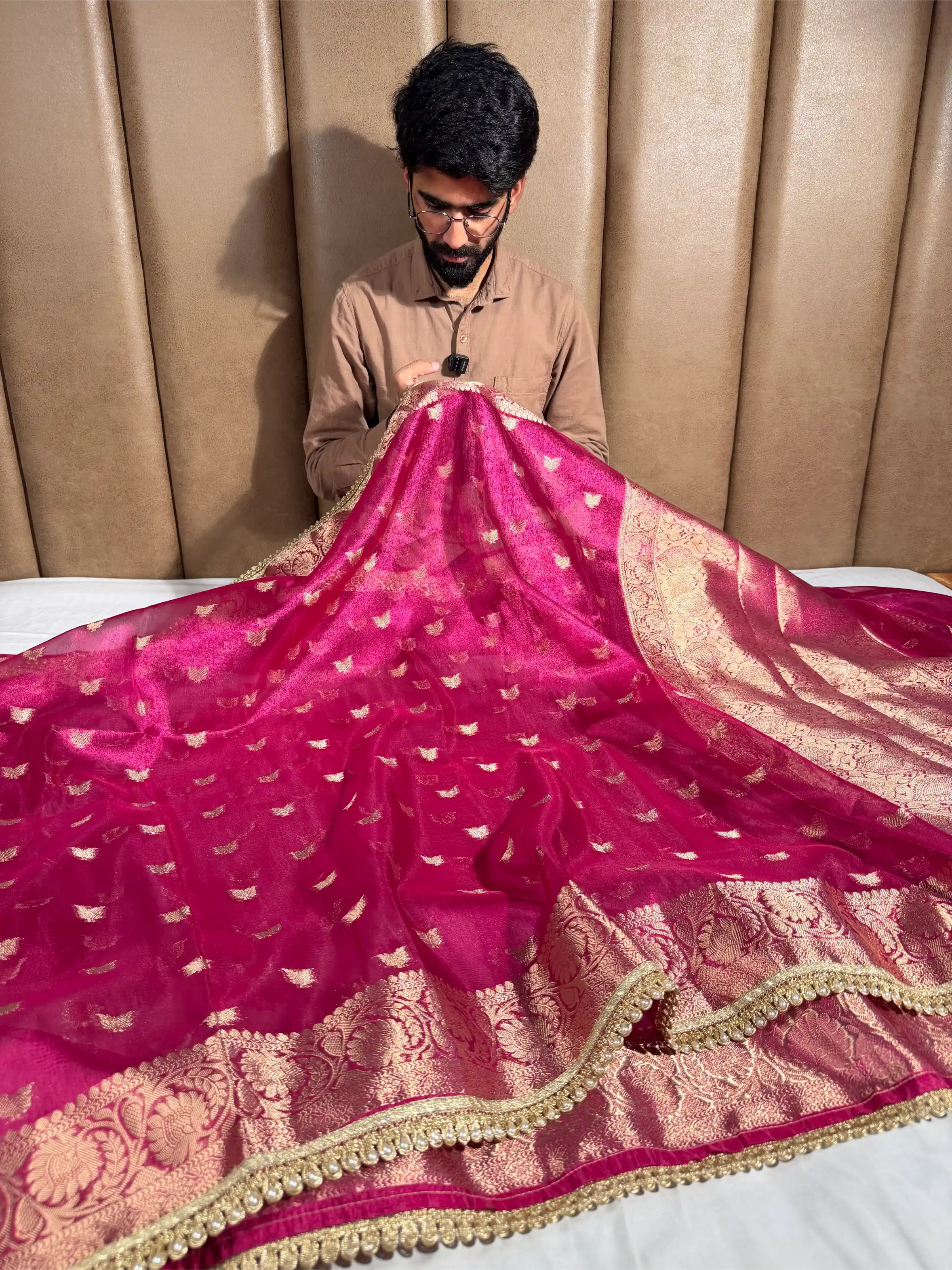 Rani Pink Tissue Silk Designer Lace Work Banarasi Saree