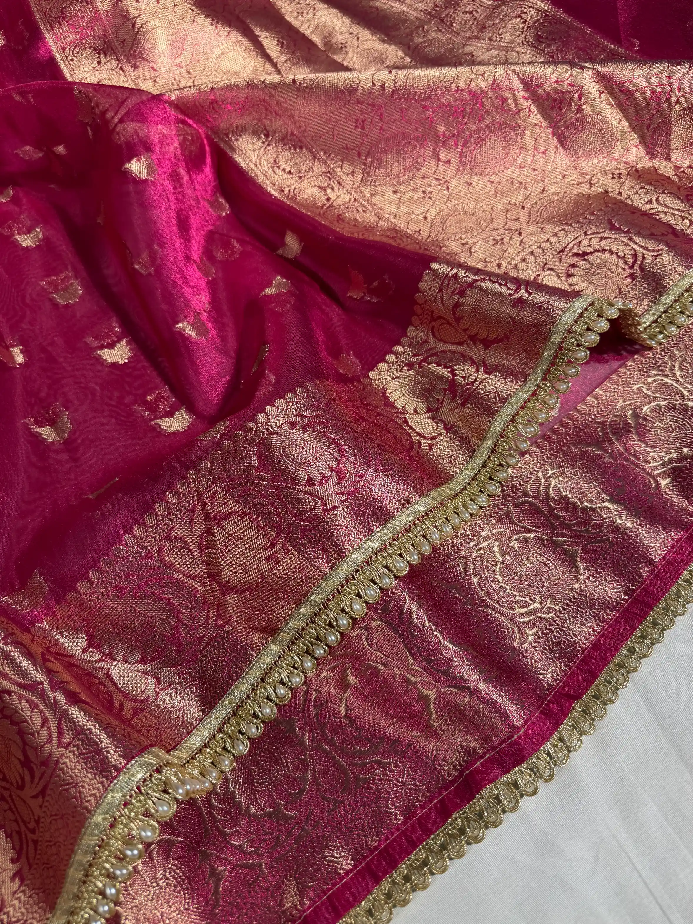Rani Pink Tissue Silk Designer Lace Work Banarasi Saree