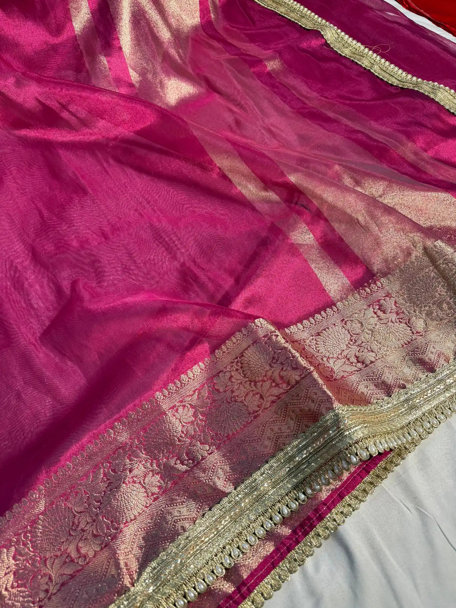 Rani Pink Tissue Silk Designer Moti Lace Work Banarasi Saree