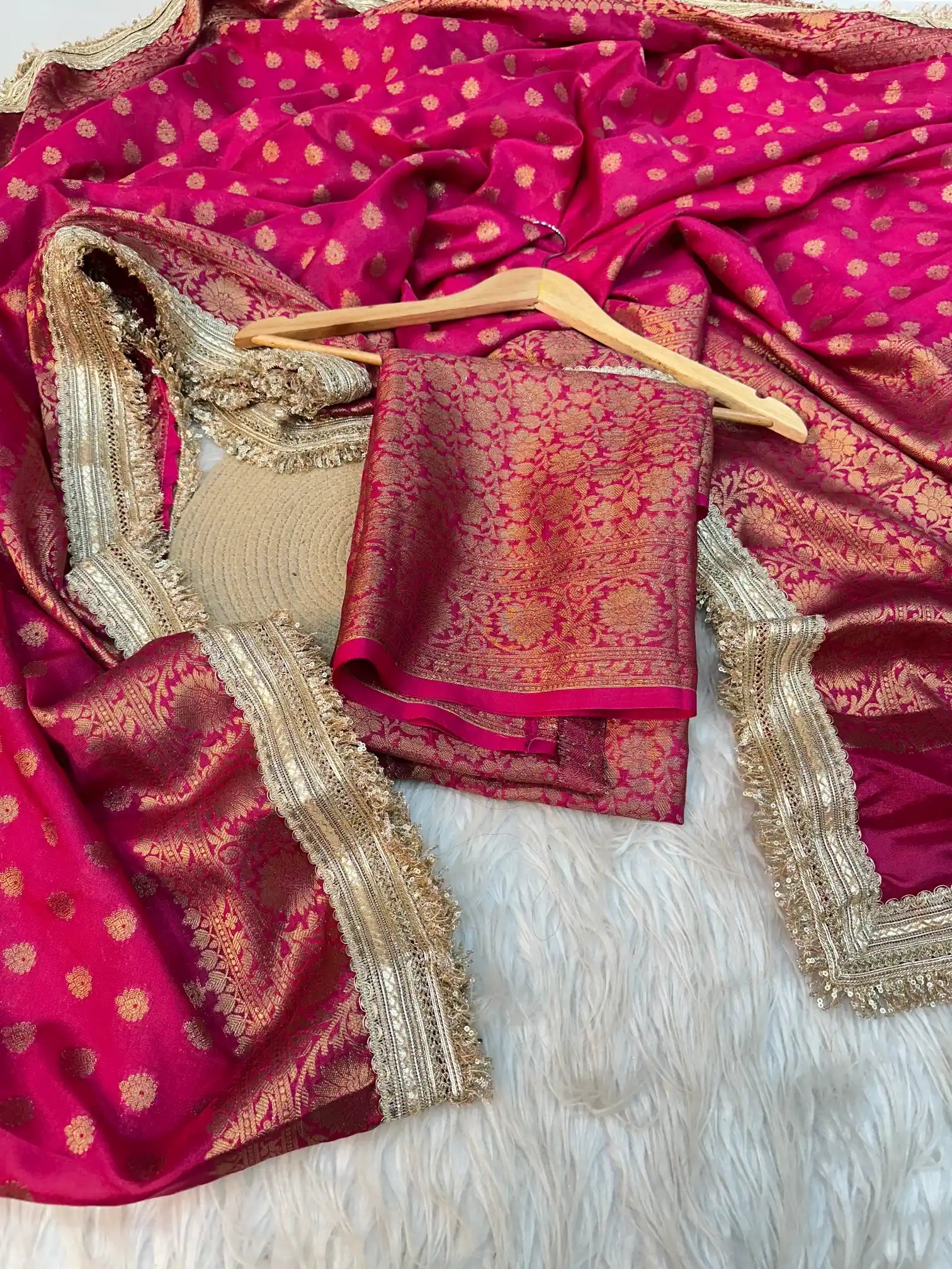 Rani Pink Georgette Silk Lace Work Banarasi Saree