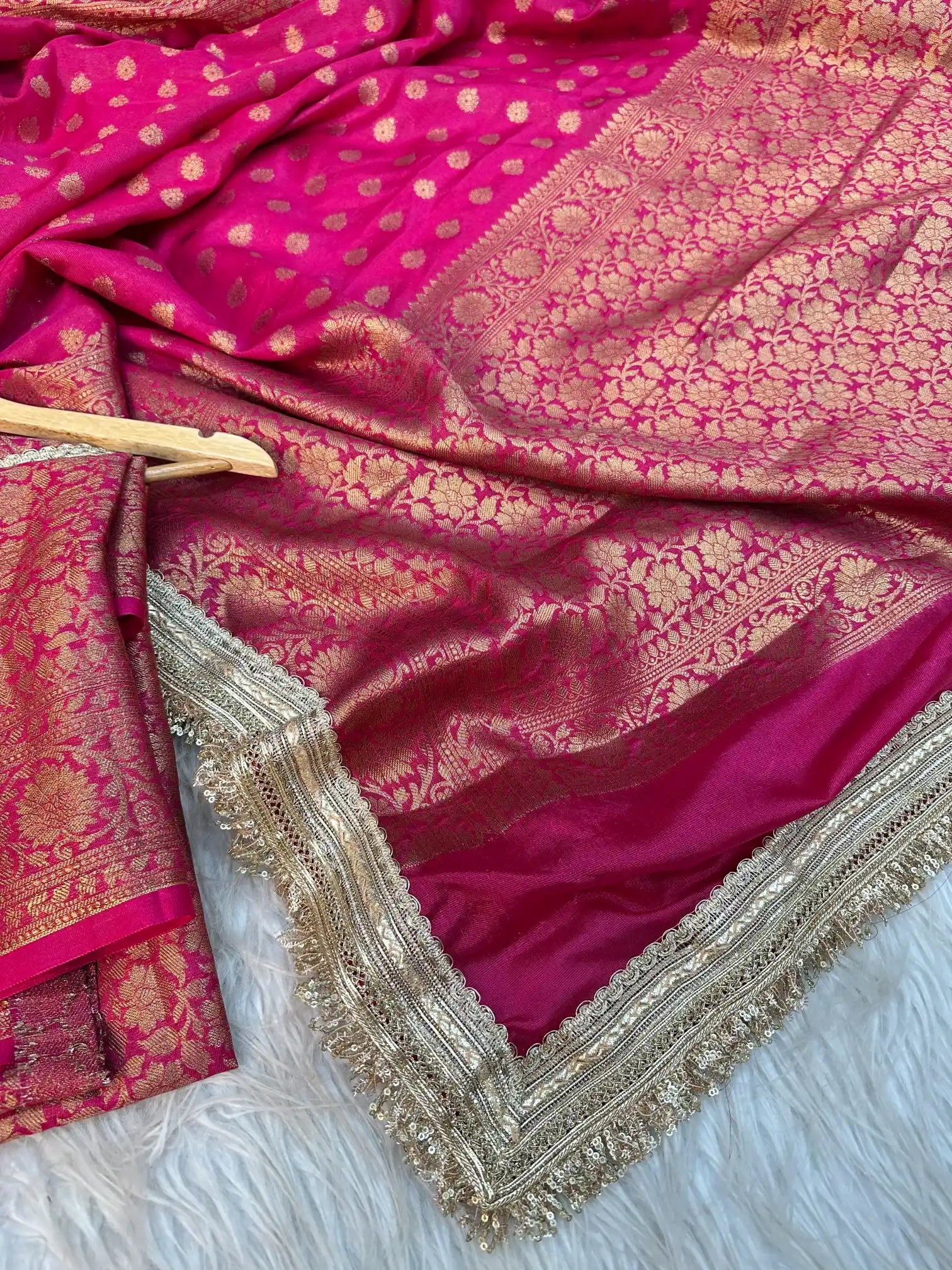 Rani Pink Georgette Silk Lace Work Banarasi Saree