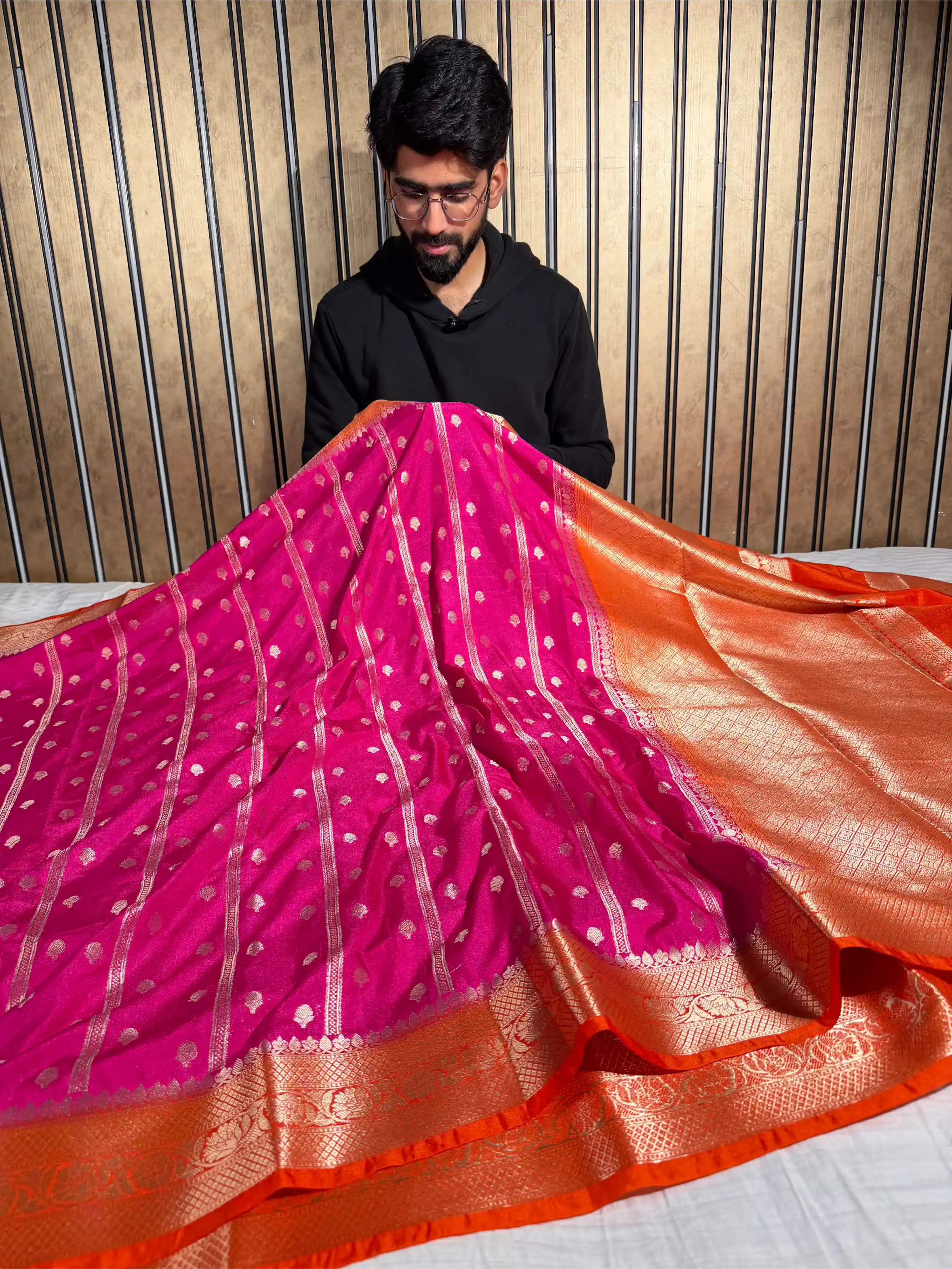 Rani Pink with Contrast Orange Borders Chinia Silk Banarasi Saree