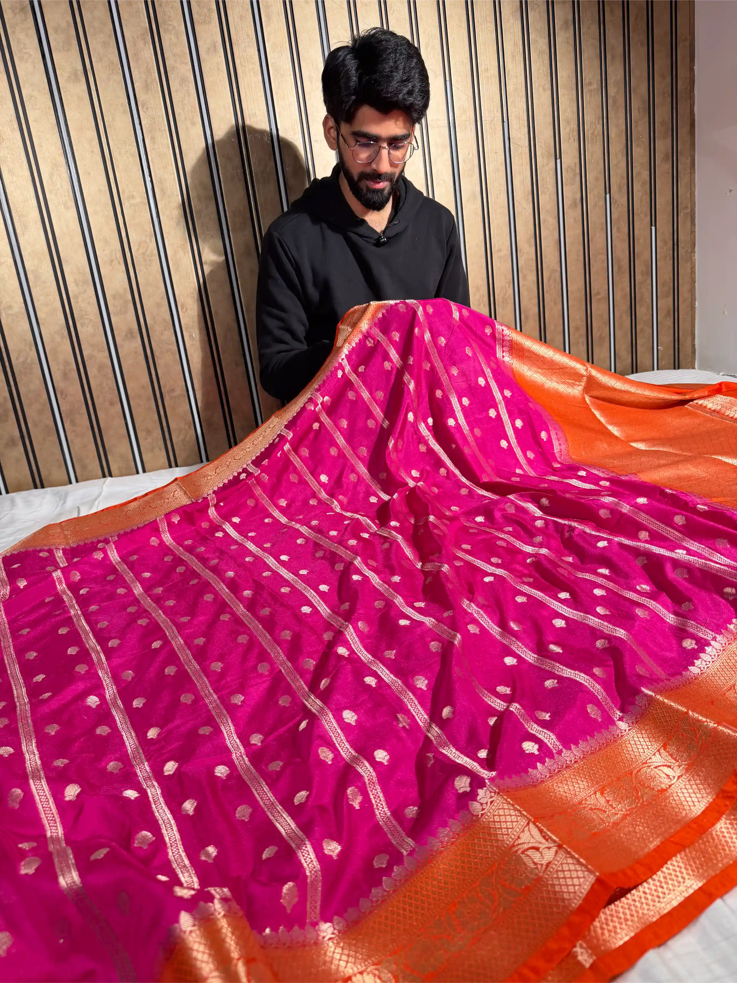 Rani Pink with Contrast Orange Borders Chinia Silk Banarasi Saree