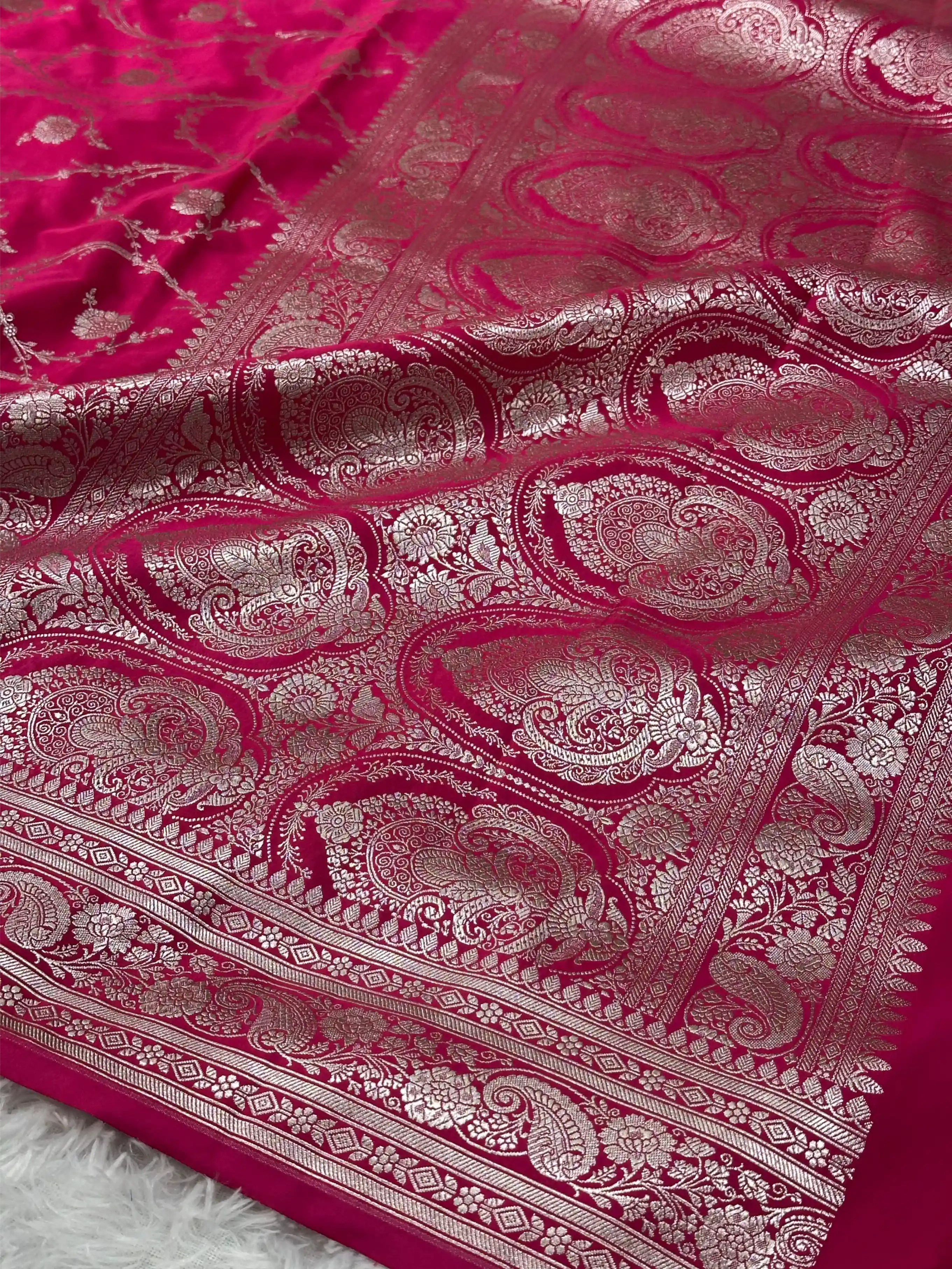 Rani Pink Mashru Katan Floral Intricate Weave Silk Saree