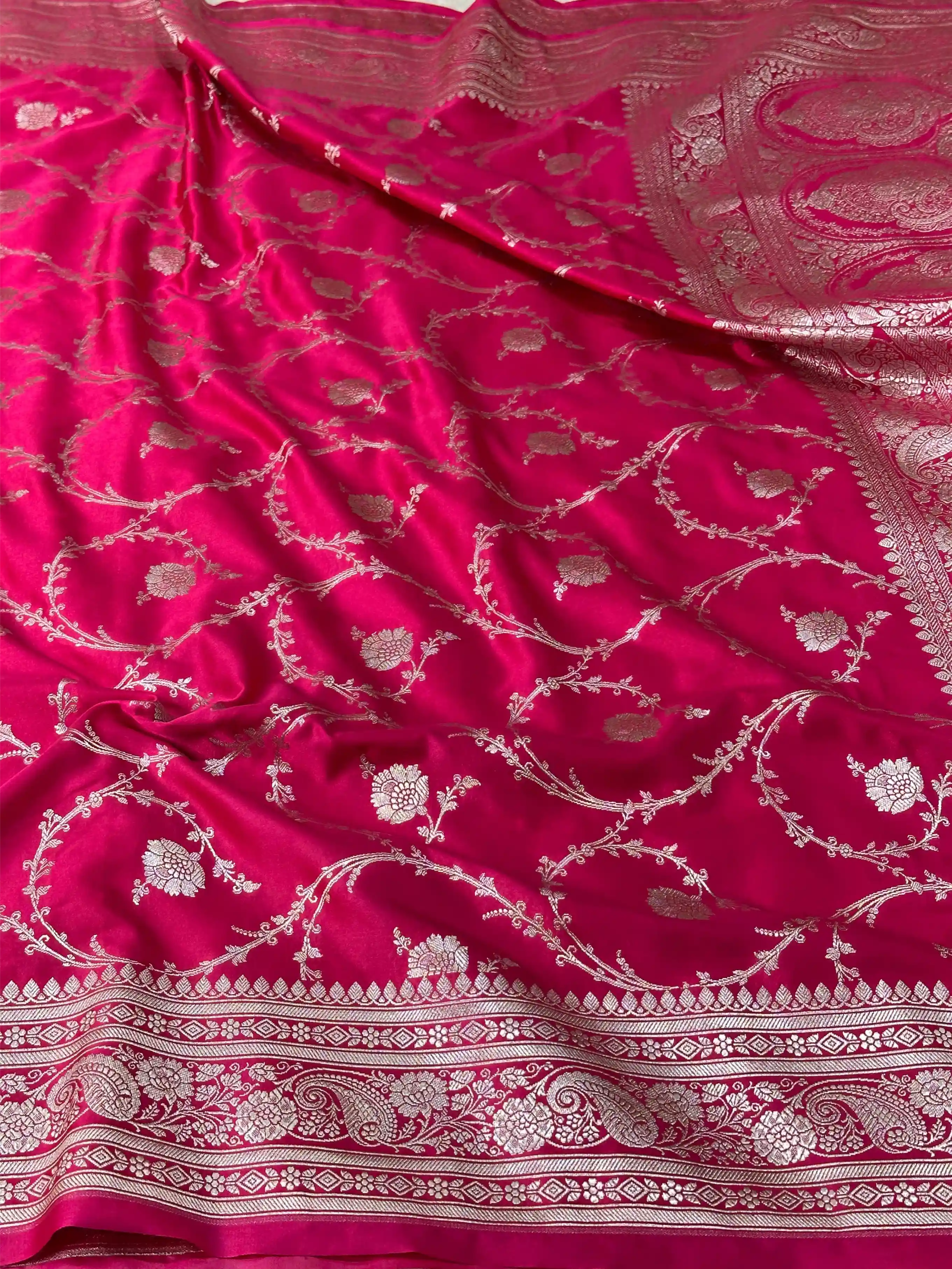 Rani Pink Mashru Katan Floral Intricate Weave Silk Saree