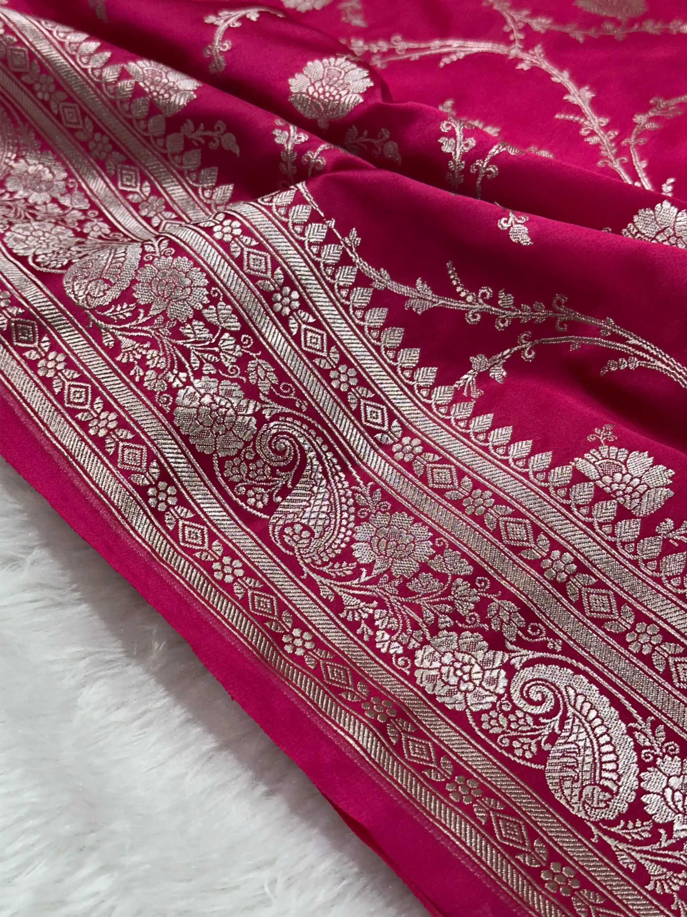 Rani Pink Mashru Katan Floral Intricate Weave Silk Saree