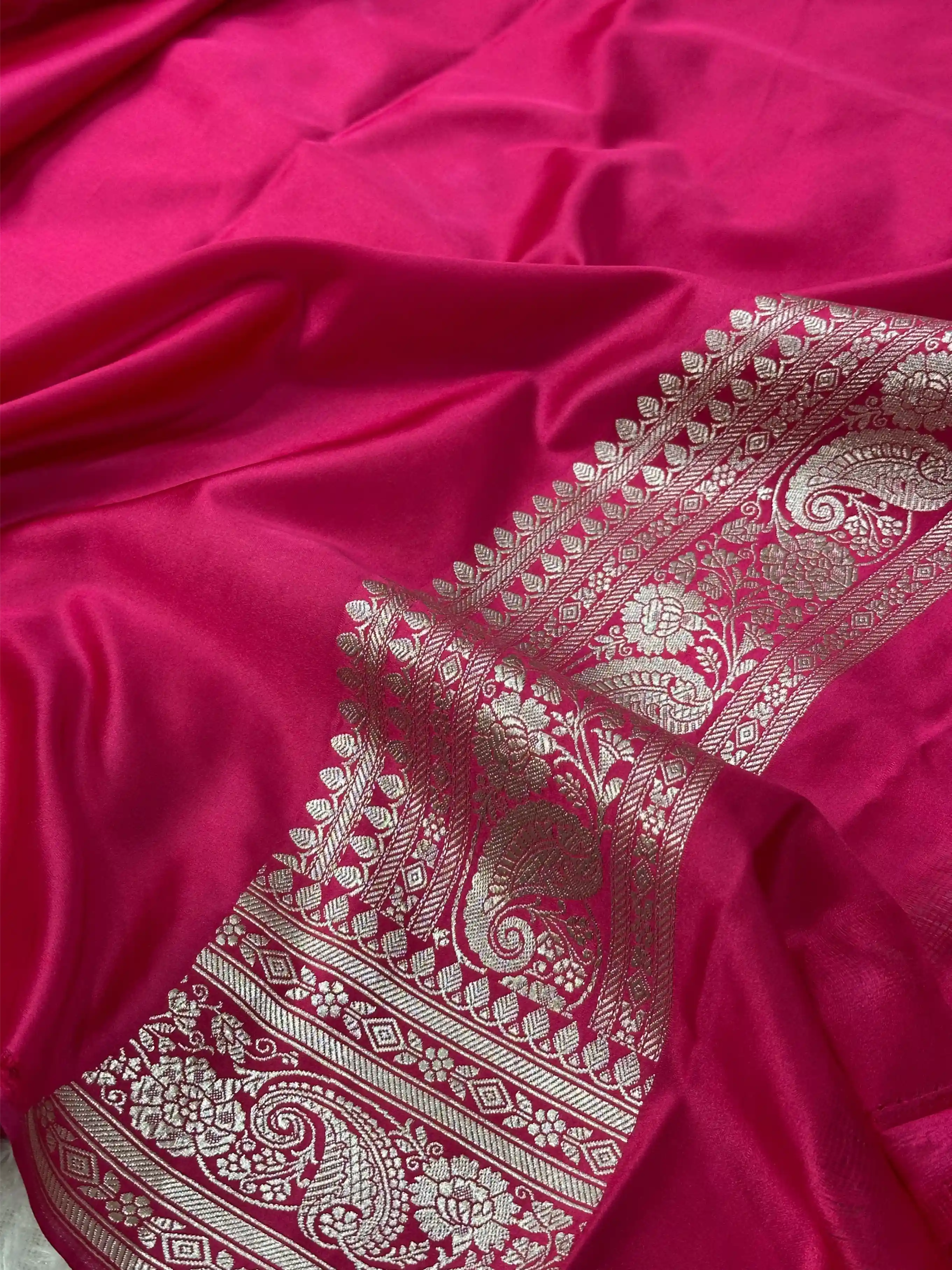 Rani Pink Mashru Katan Floral Intricate Weave Silk Saree