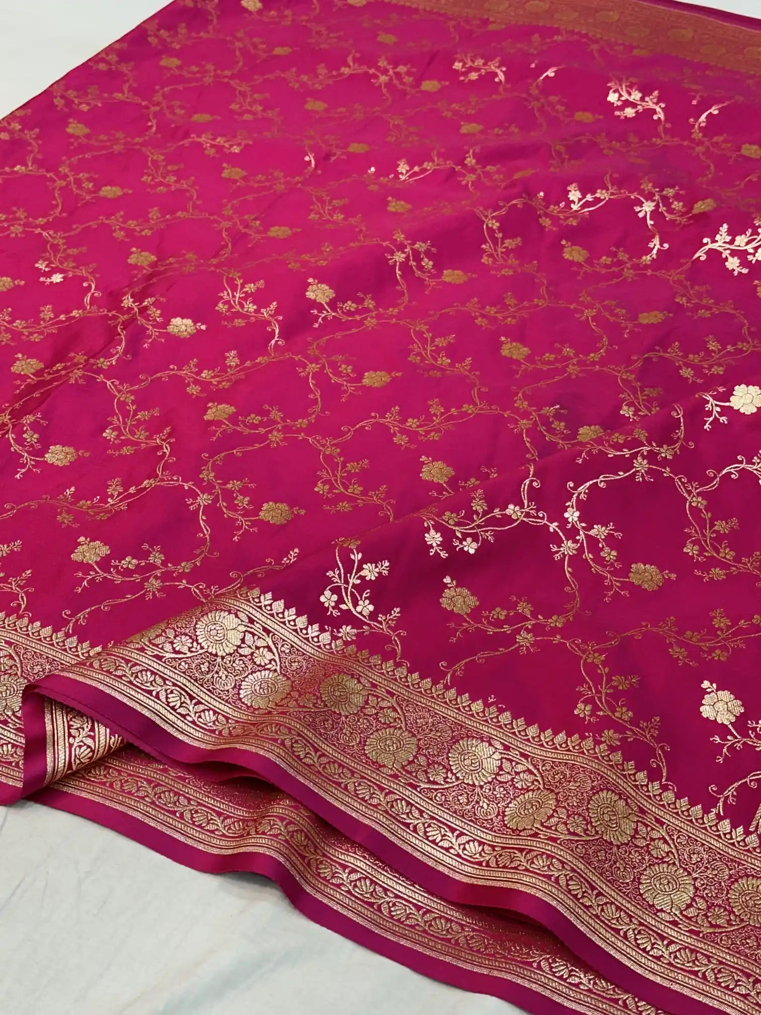 Rani Pink Satin Silk Saree with Rich Texture Design and Classical Pallu