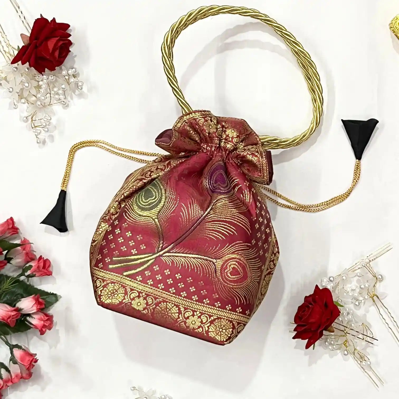 Rani Pink Shade Banarasi Potli Bags