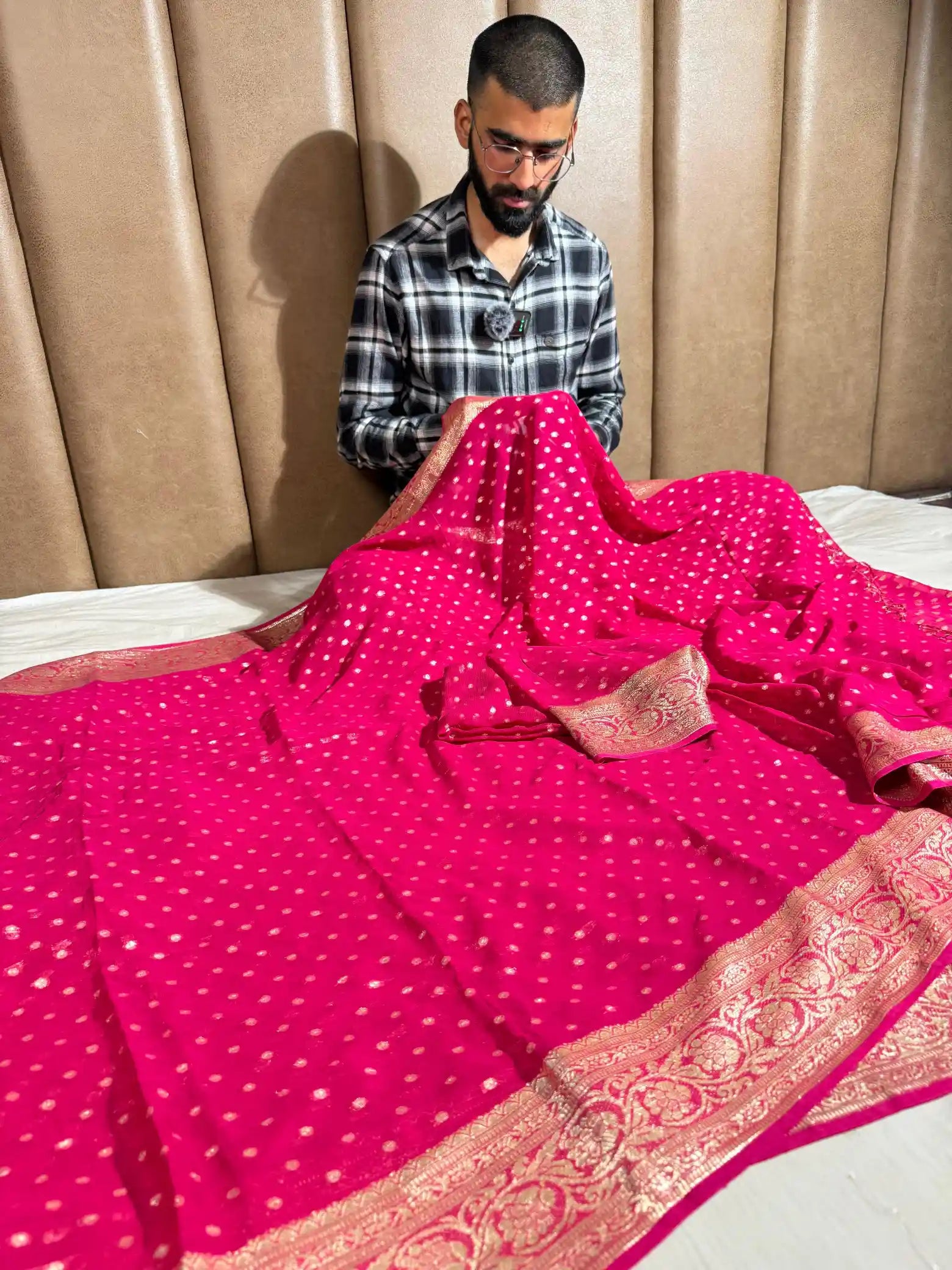 Rani Pink Viscose Georgette Zari Buti Banarasi Saree