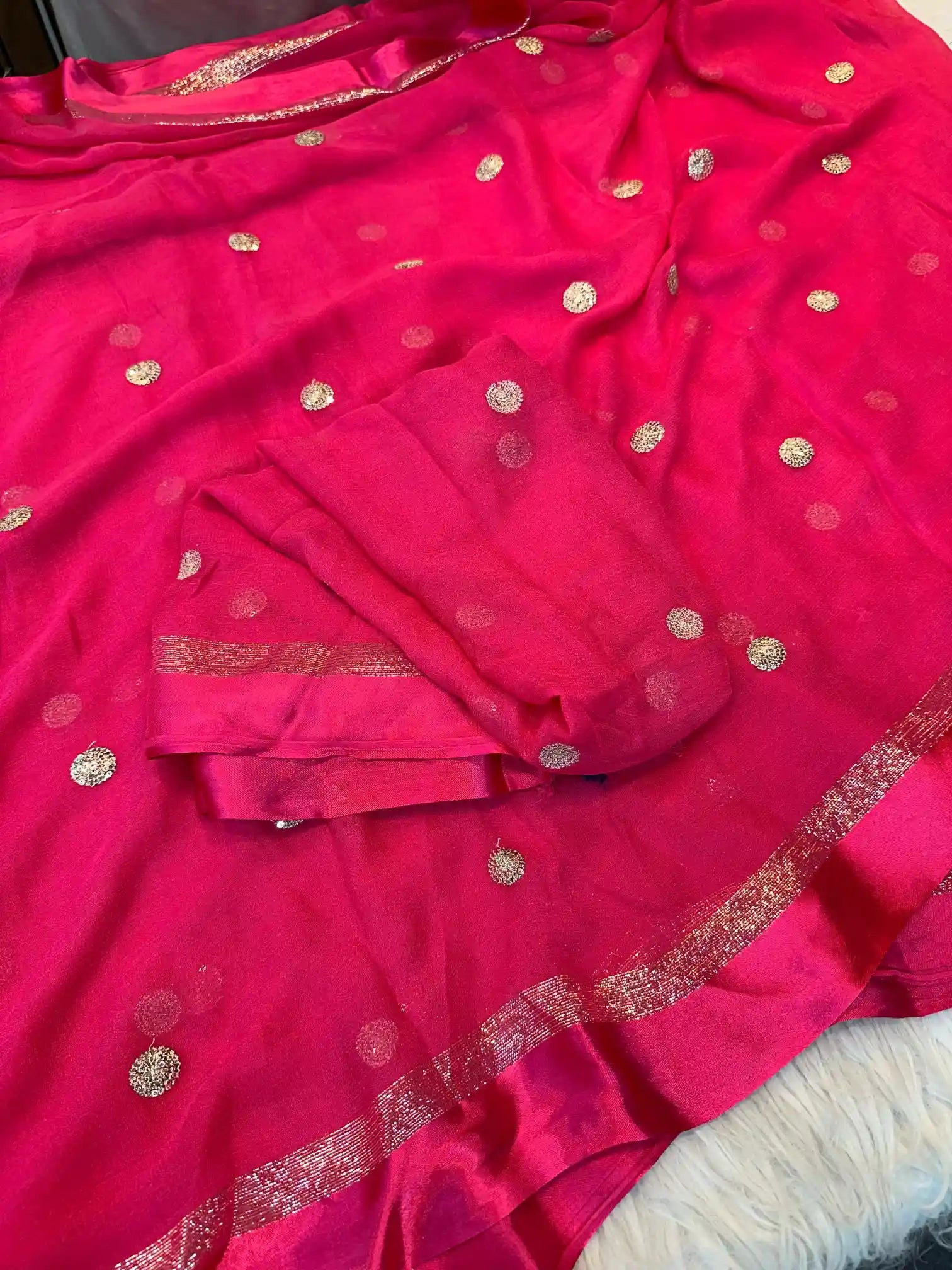 Rani Pink Viscose Satin Silk Sequins Buti Work Saree
