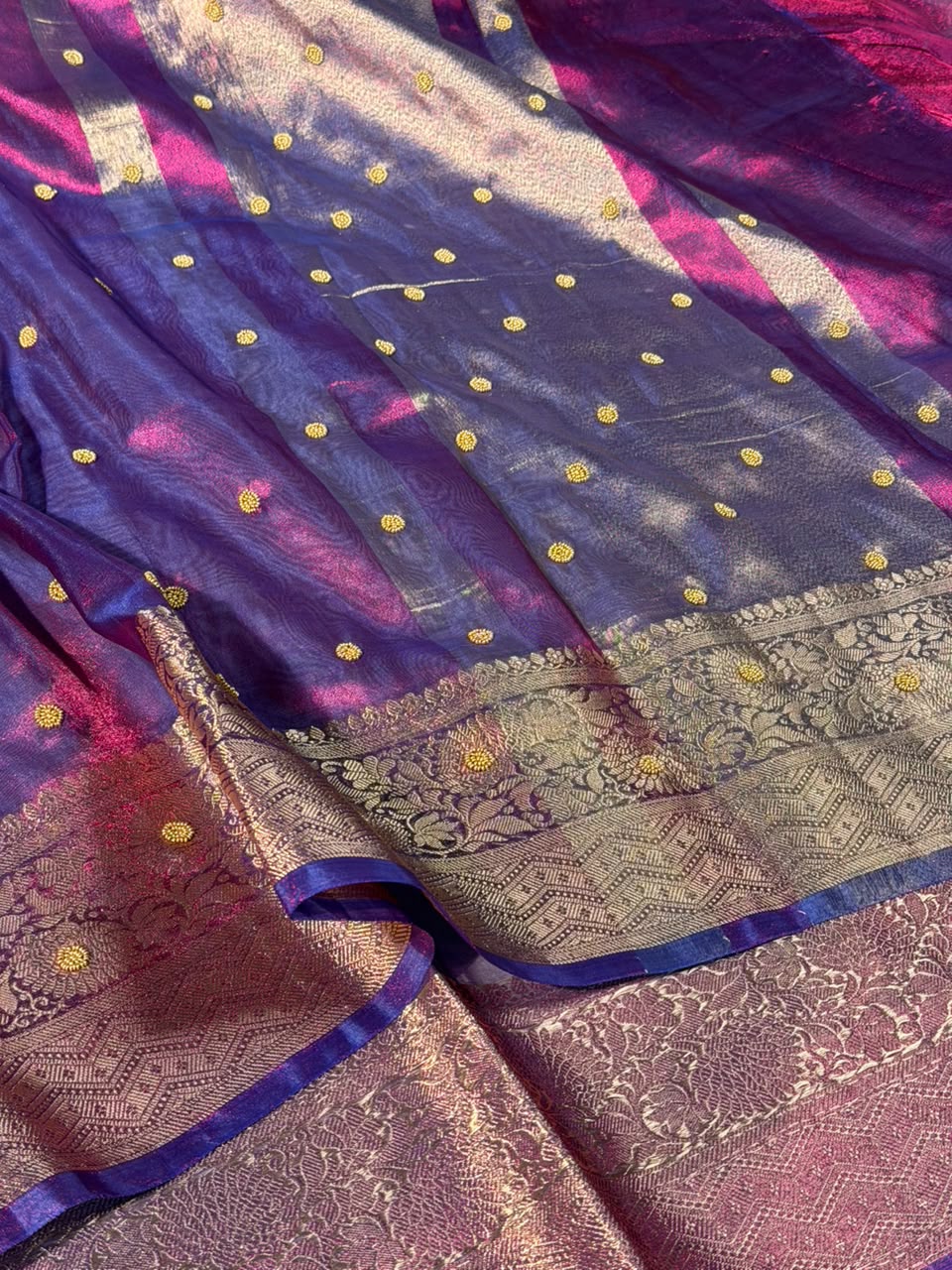 Rare Baigani Kora Tissue Handwork Motifs Saree