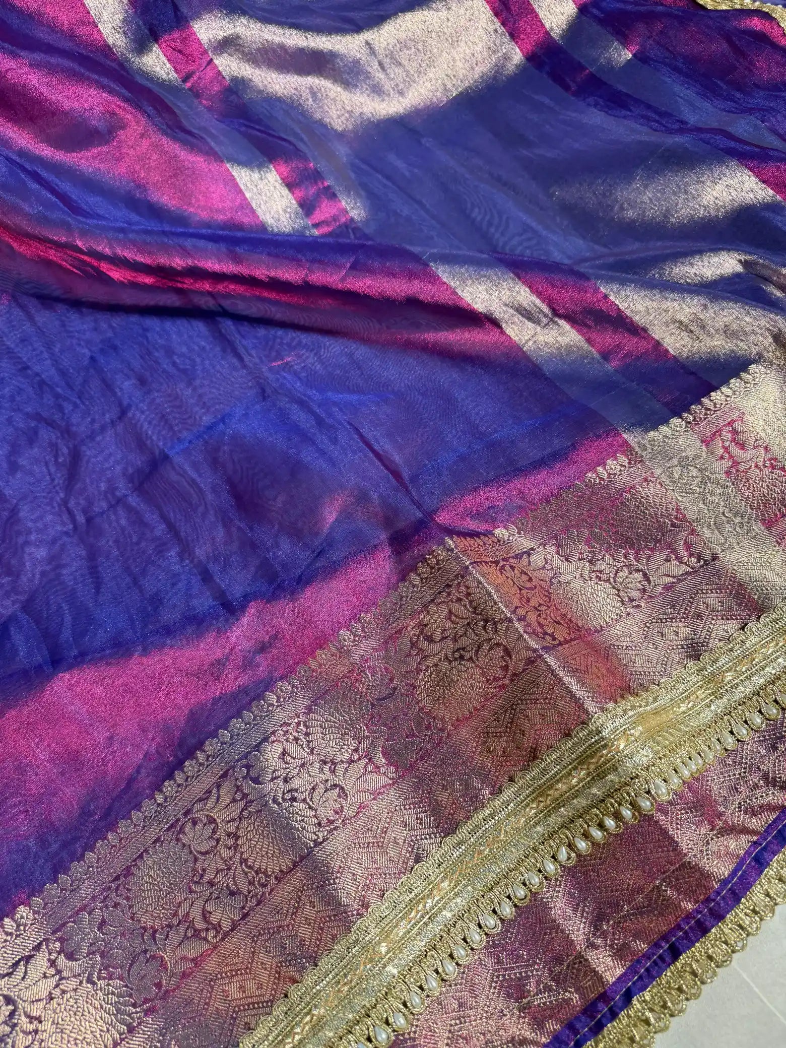 Rare Baigani Soft Tissue Silk Designer Banarasi Saree