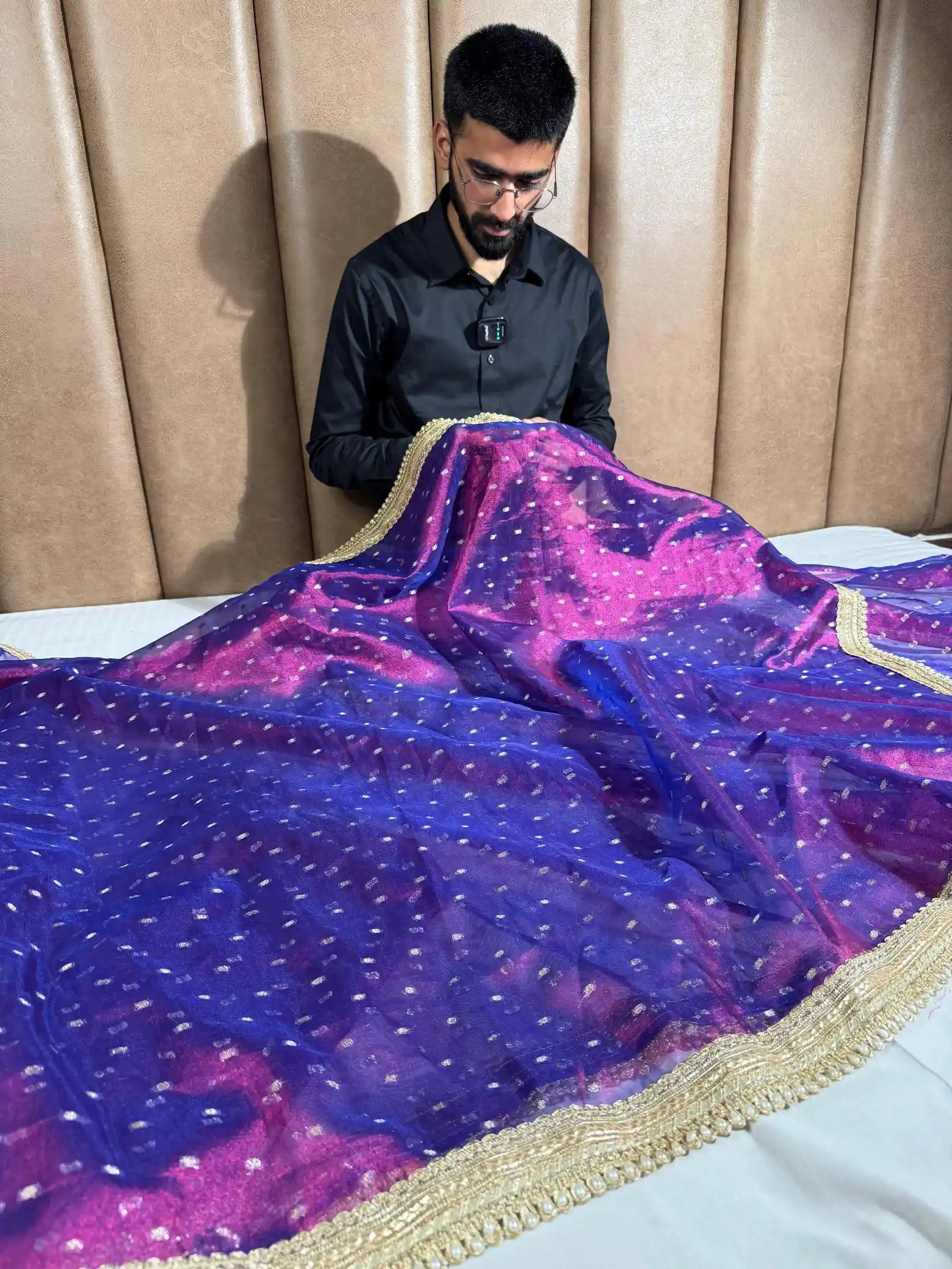 Rare Baigani Tissue Silk Designer Lace Work Banarasi Saree