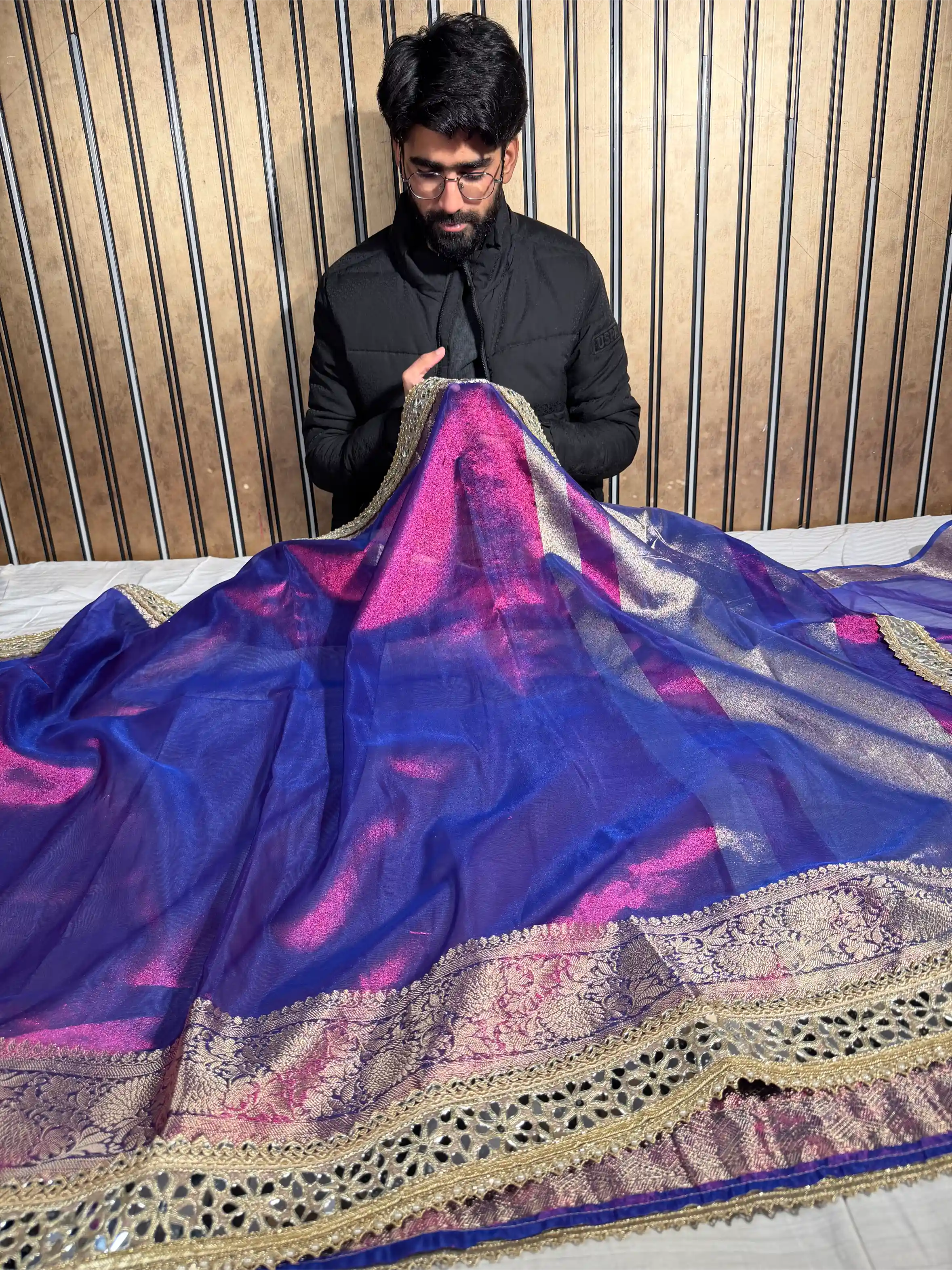 Rare Baigani Tissue Silk Mirror Work Banarasi Saree