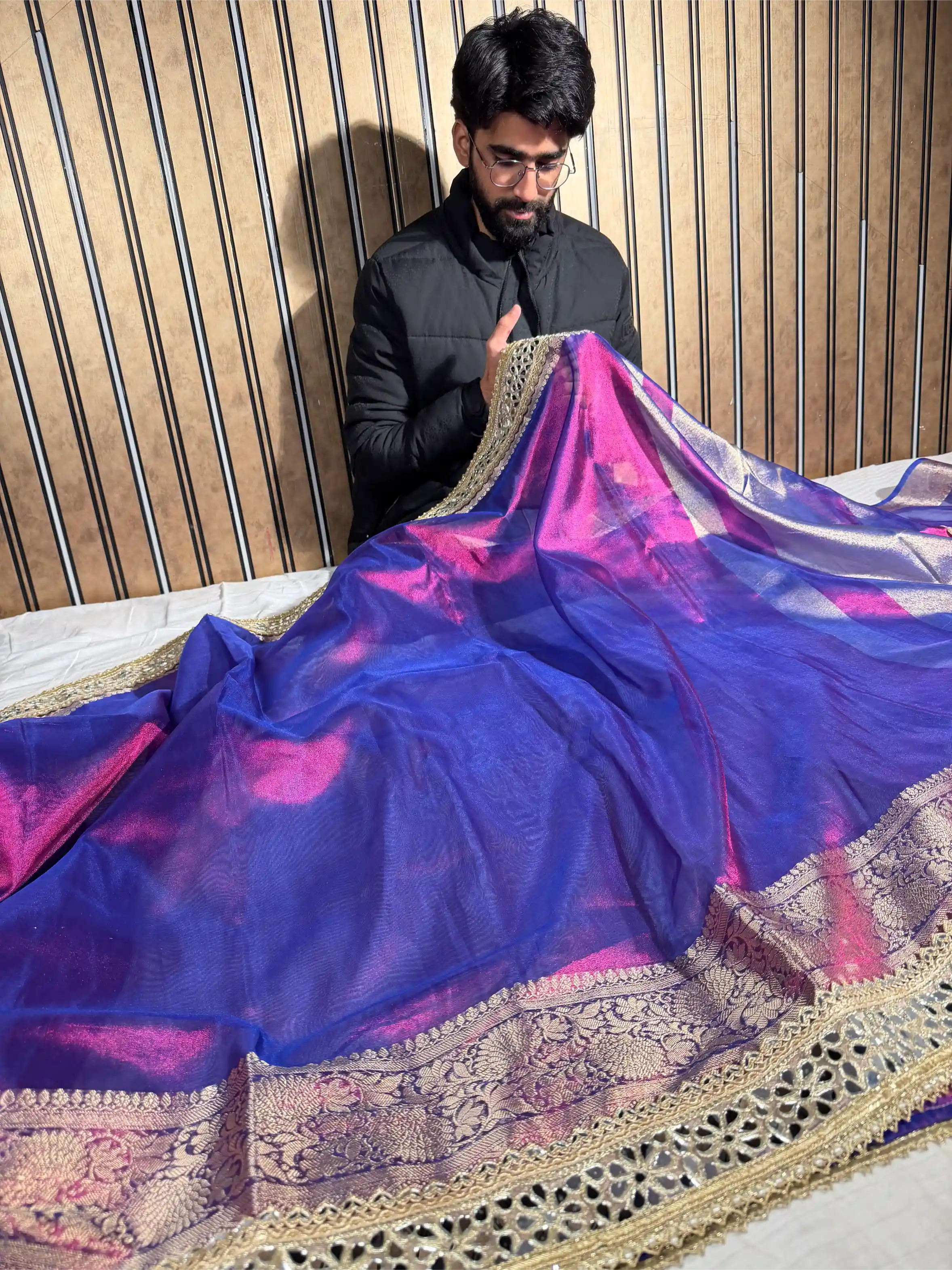 Rare Baigani Tissue Silk Mirror Work Banarasi Saree