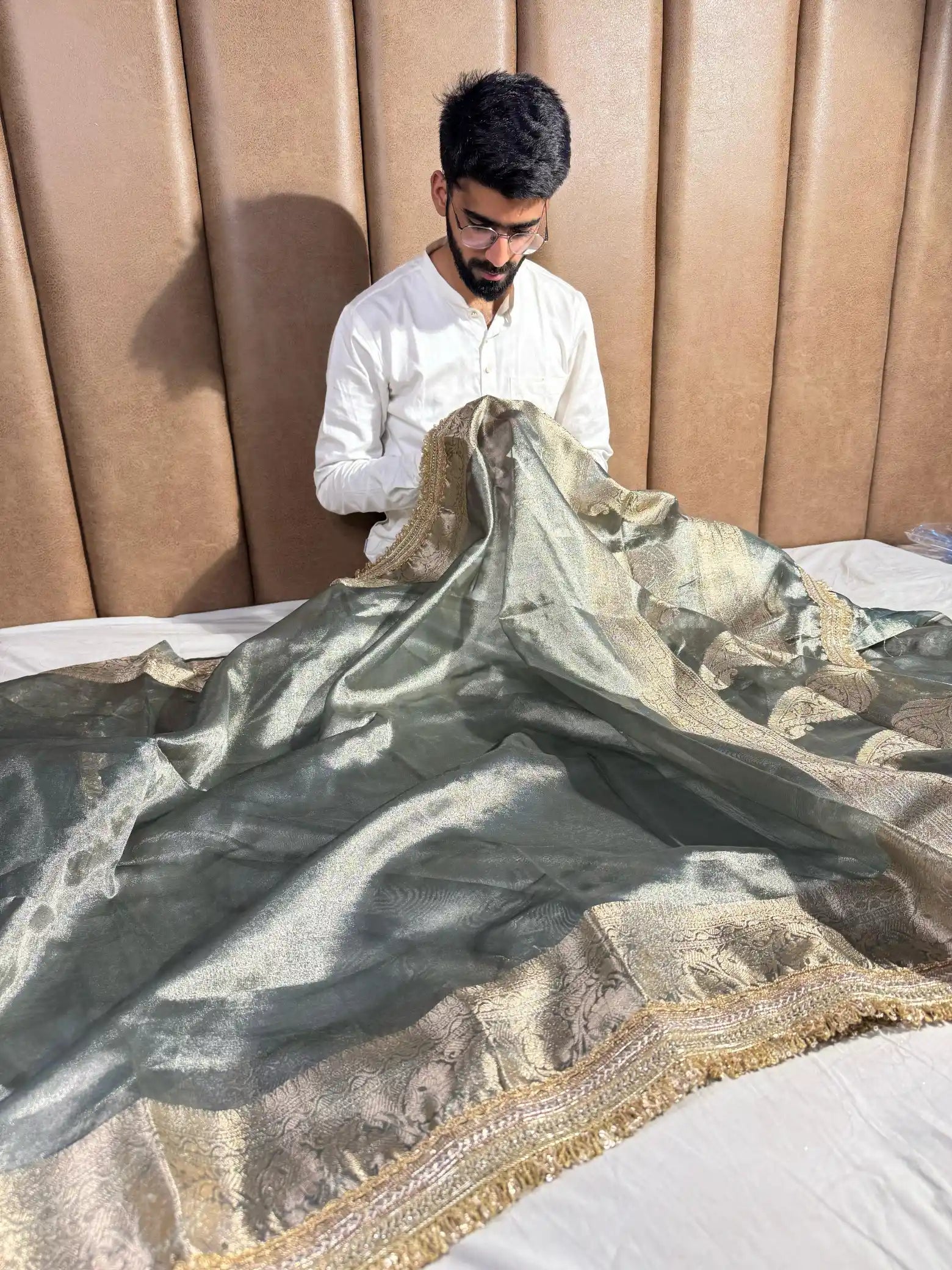 Rare Beige Brown Soft Tissue Silk Banarasi Saree with Premium Lace Attached