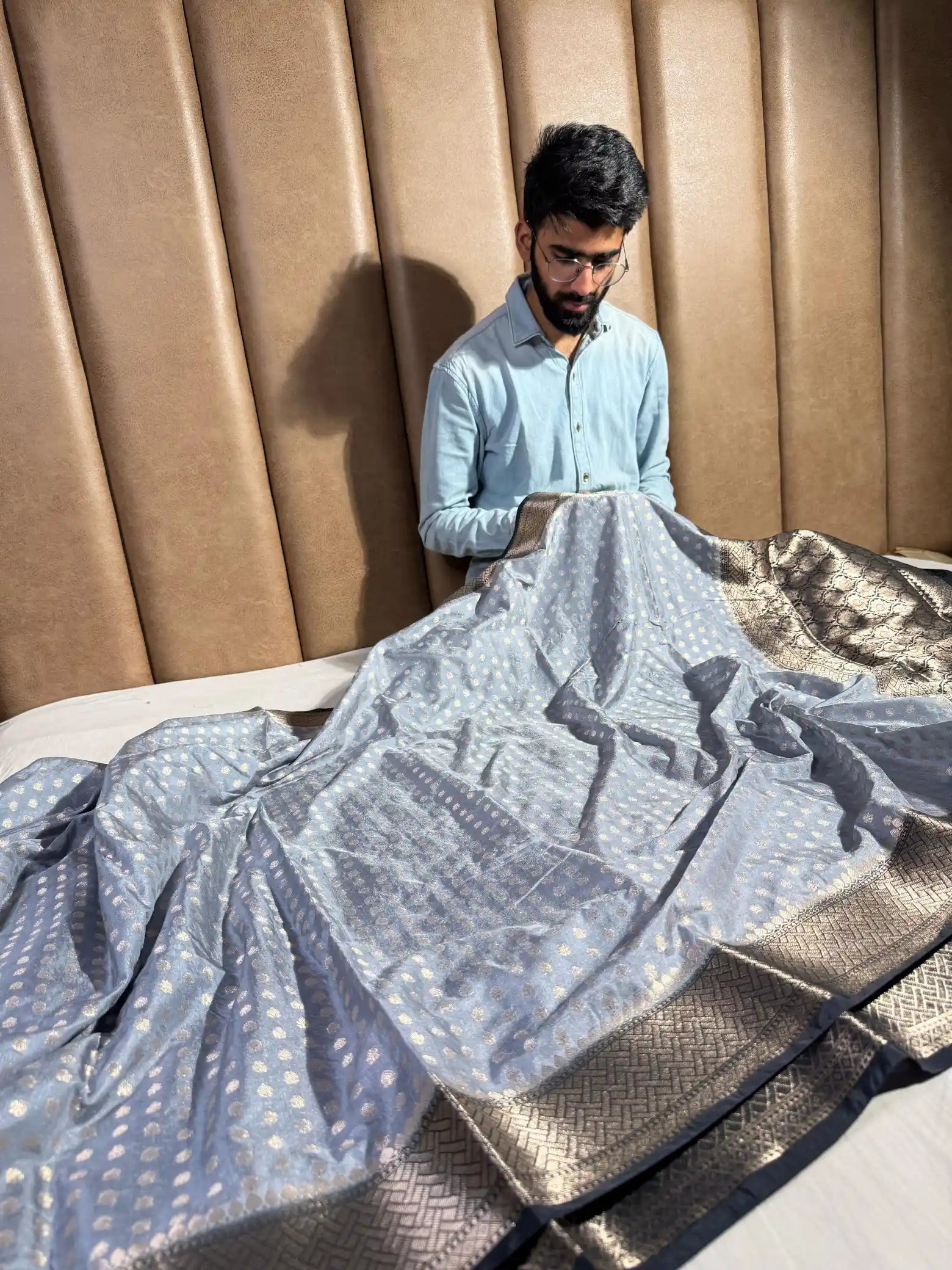 Rare Grey Chiniya Silk Zari Buti Weave Banarasi Saree