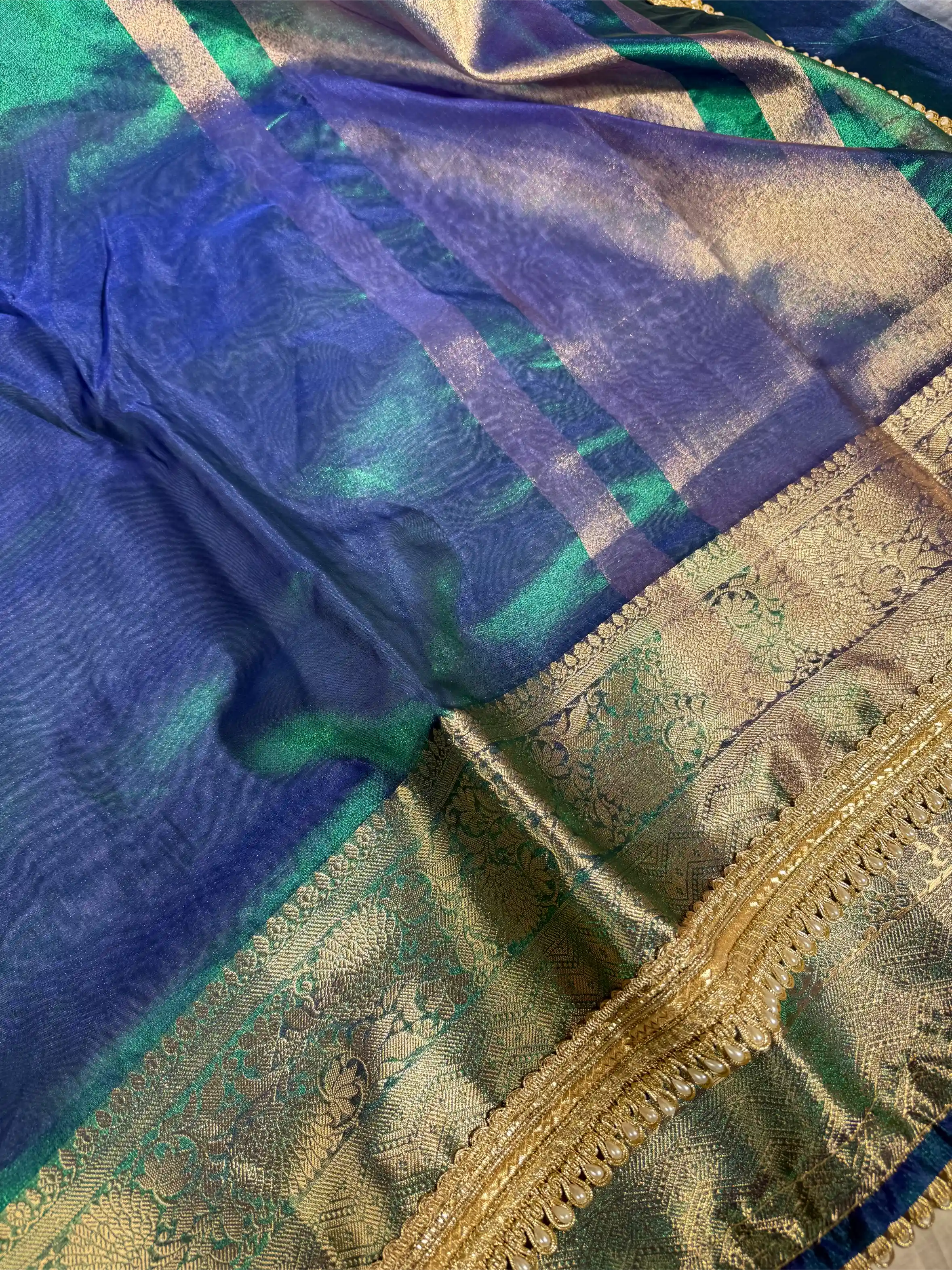Rare Peacock Kora Tissue Silk Designer Lace Attached Banarasi Saree