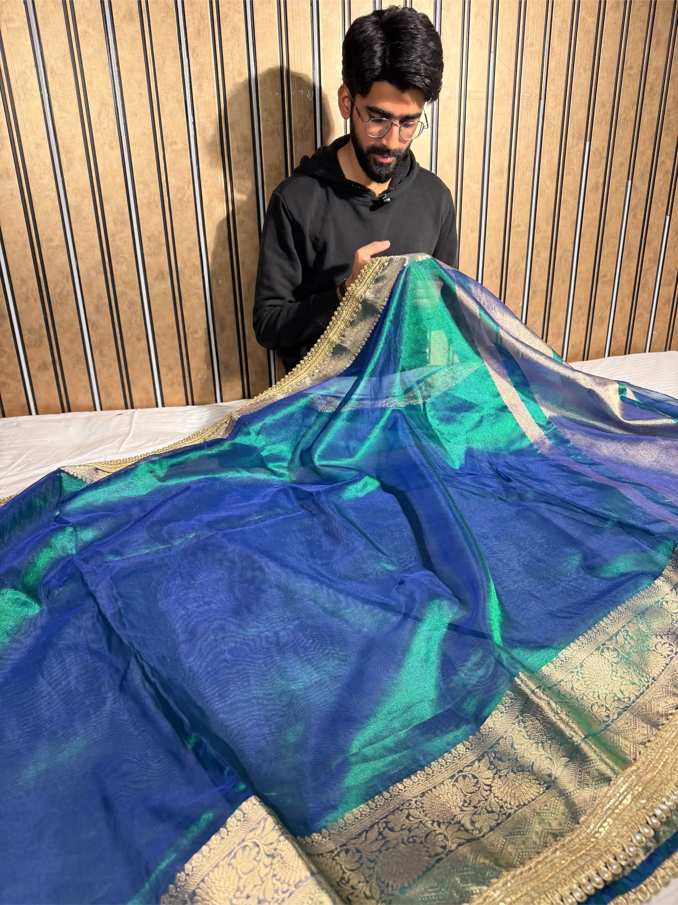 Rare Peacock Kora Tissue Silk Designer Lace Attached Banarasi Saree