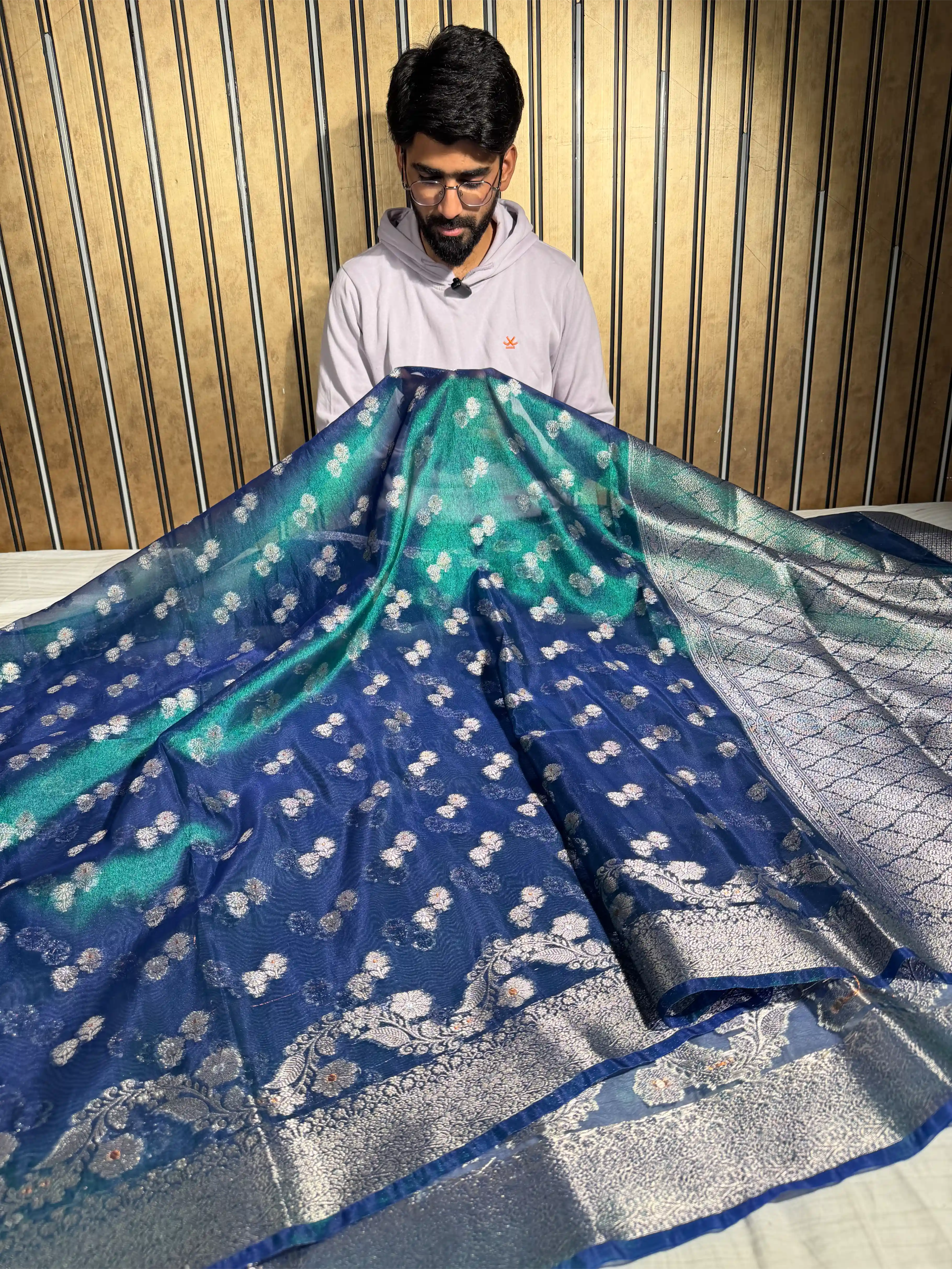 Rare Peacock Kora Tissue Silk Khaddi Buti Banarasi Saree