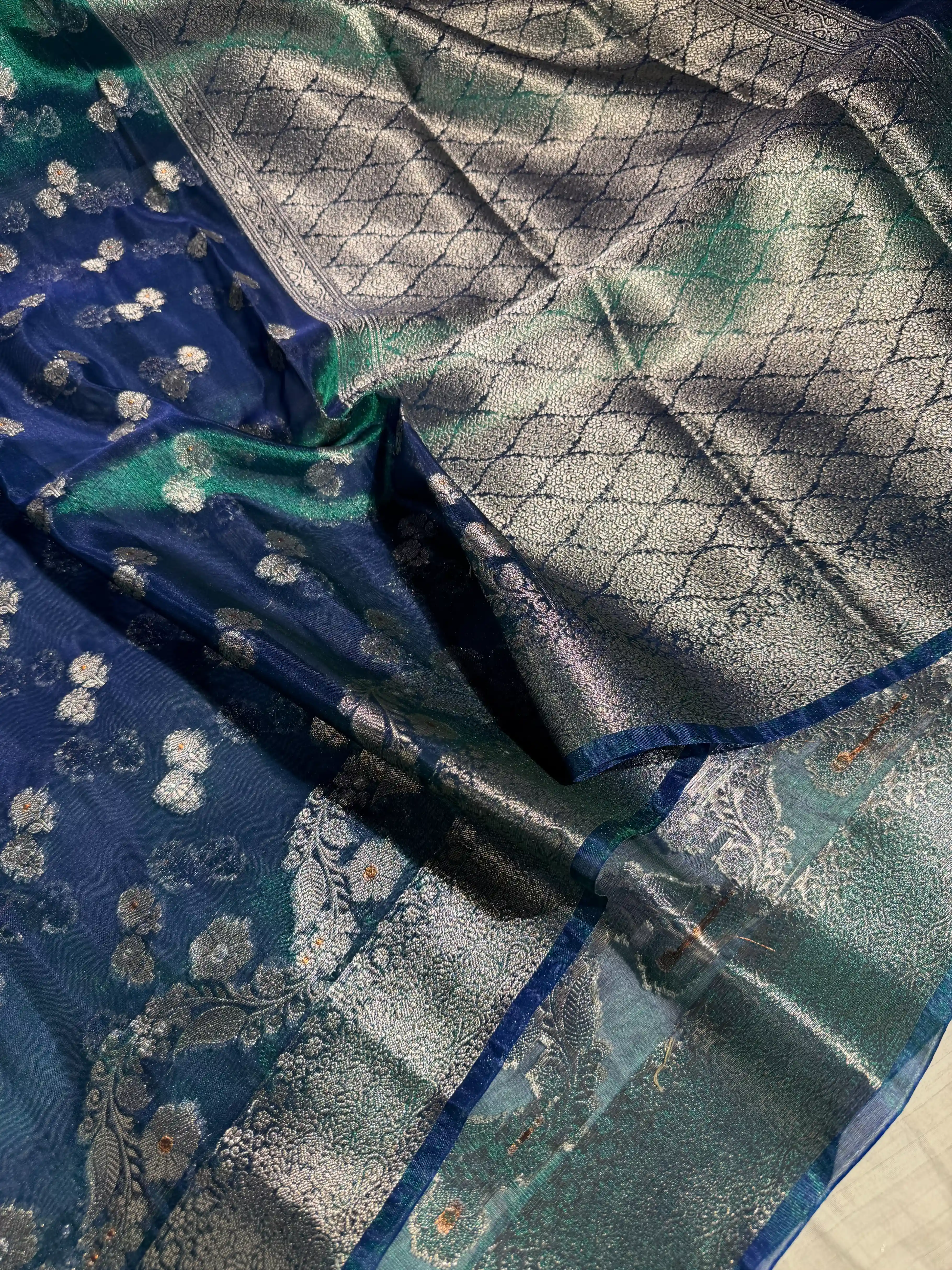 Rare Peacock Kora Tissue Silk Khaddi Buti Banarasi Saree