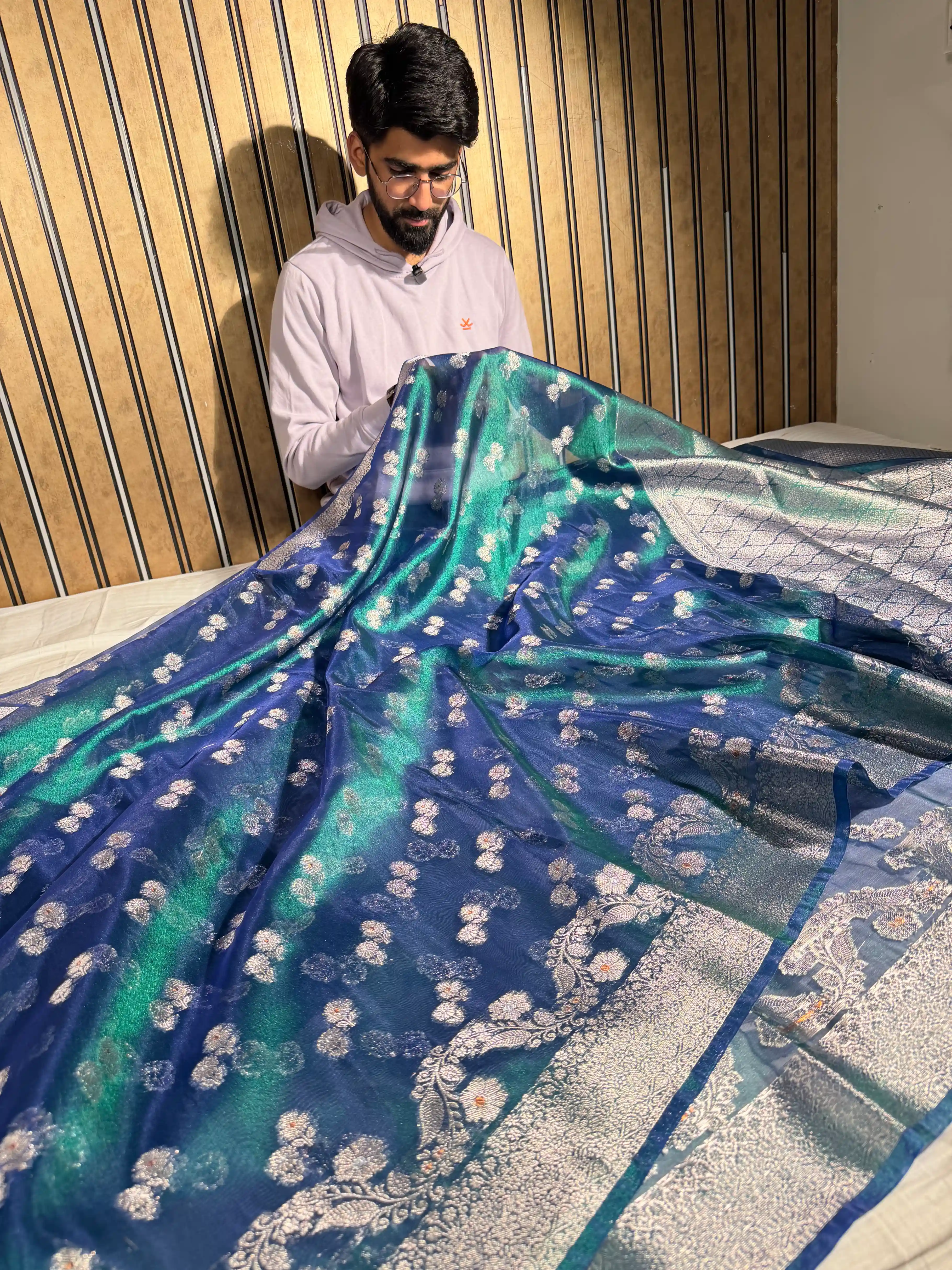Rare Peacock Kora Tissue Silk Khaddi Buti Banarasi Saree