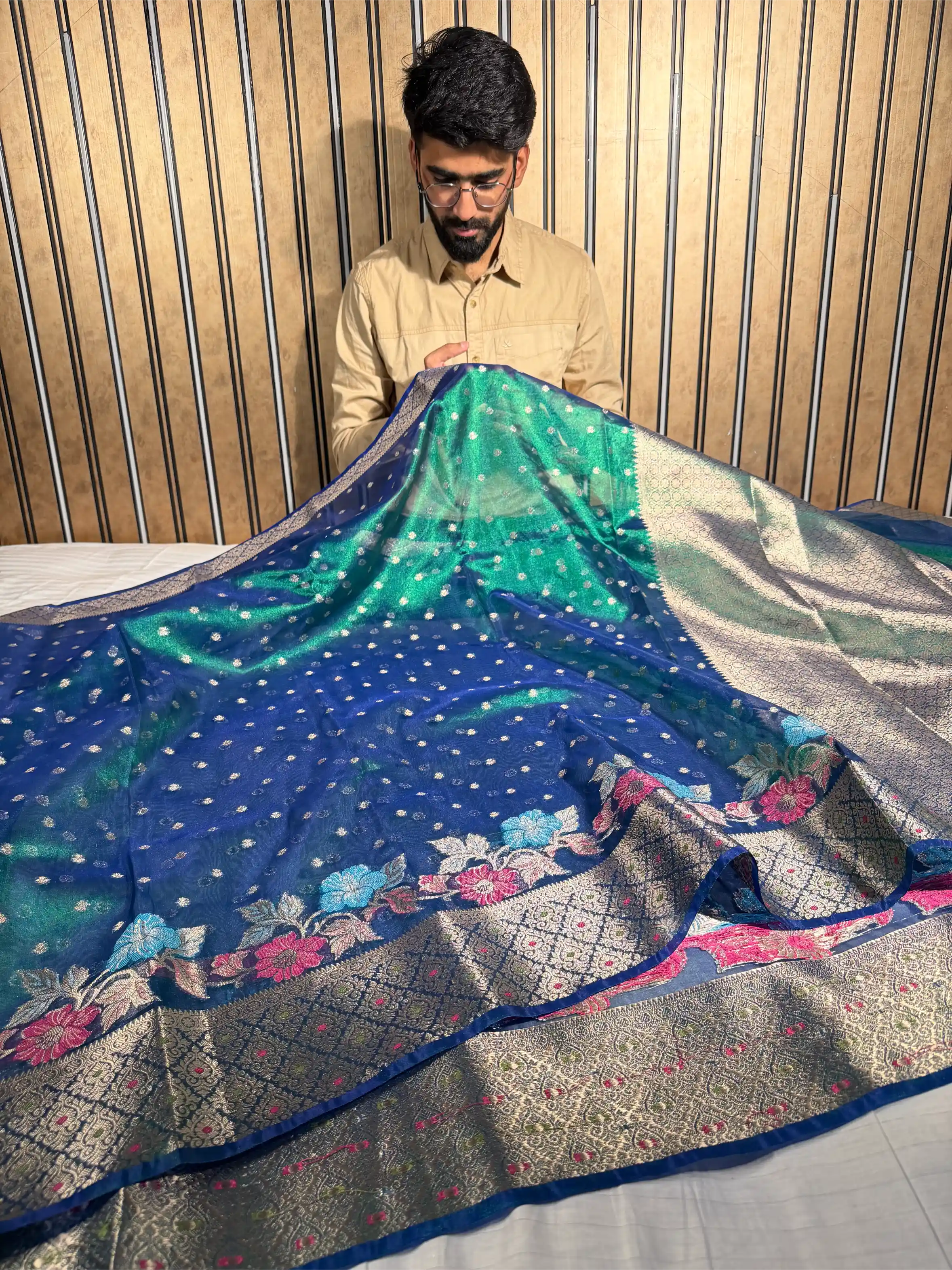 Rare Peacock Shade Tissue Silk Meenakari Banarasi Saree