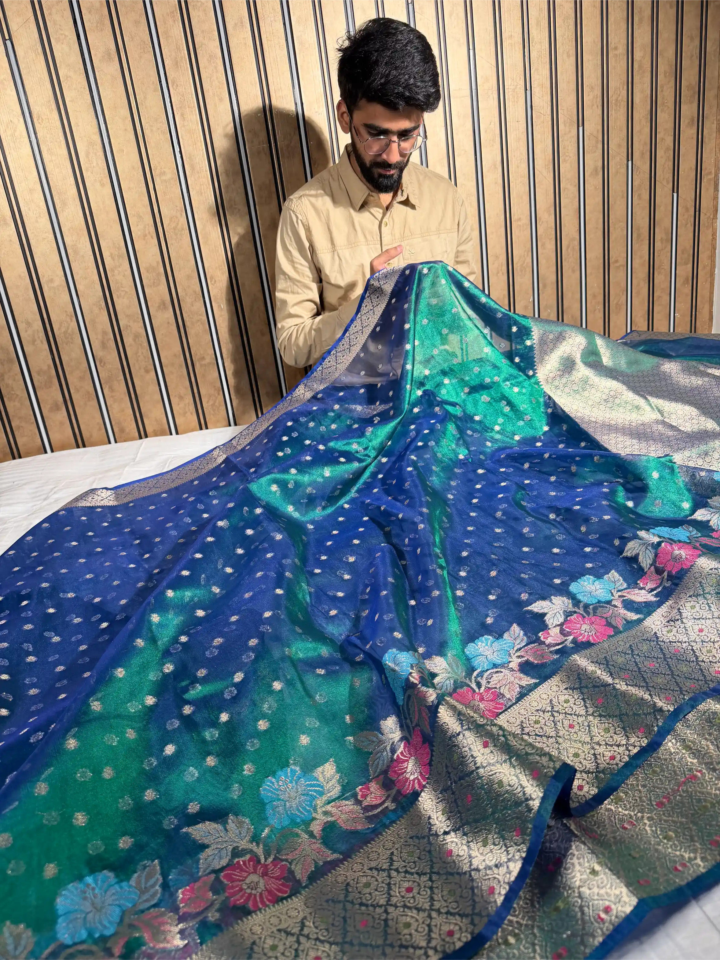 Rare Peacock Shade Tissue Silk Meenakari Banarasi Saree