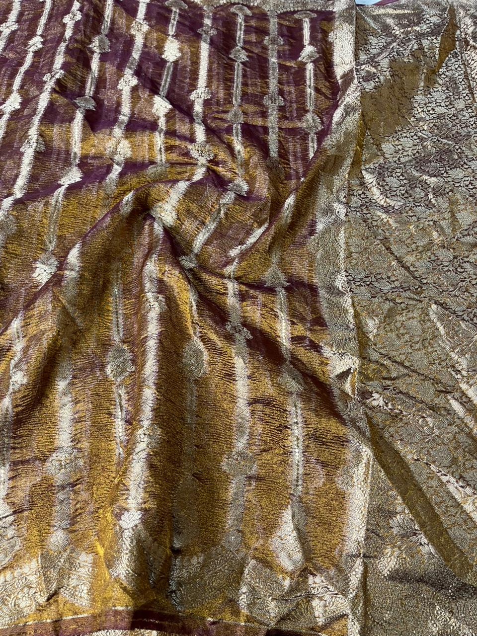 Rare Rusted Shade Crush Tissue Silk Banarasi Saree