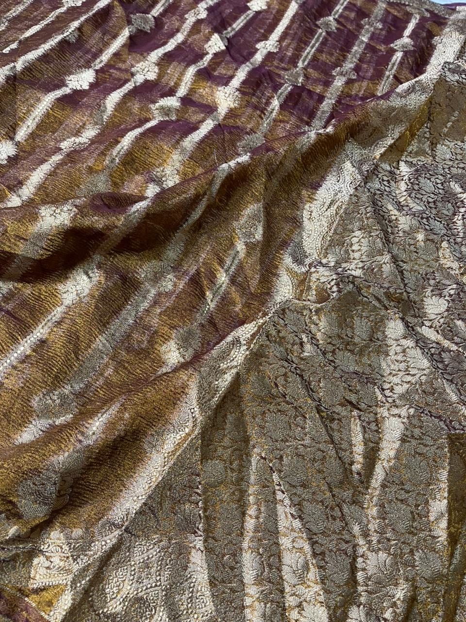 Rare Rusted Shade Crush Tissue Silk Banarasi Saree