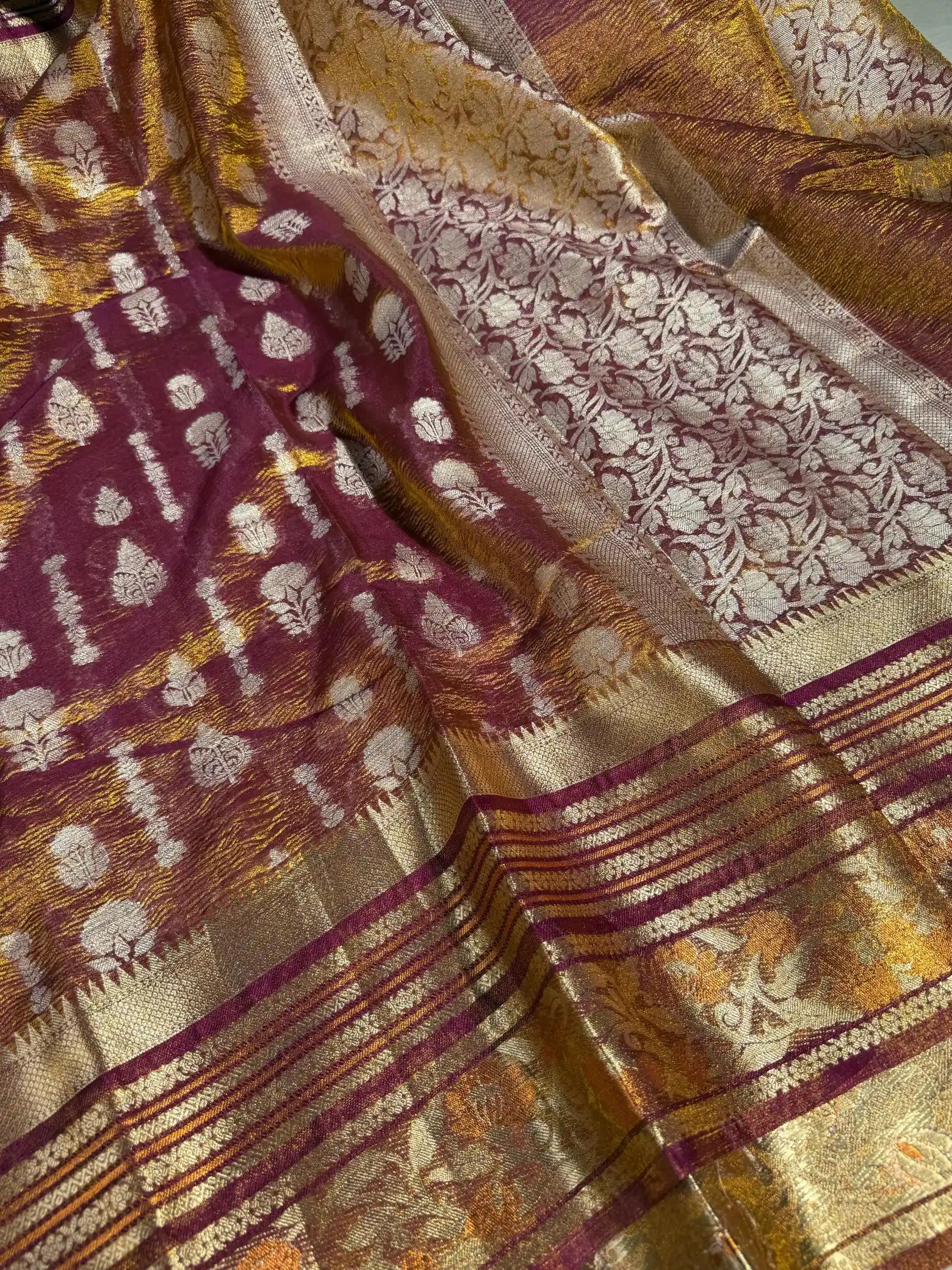 Rare Rusted Shade Crushed Tissue Silk Banarasi Saree