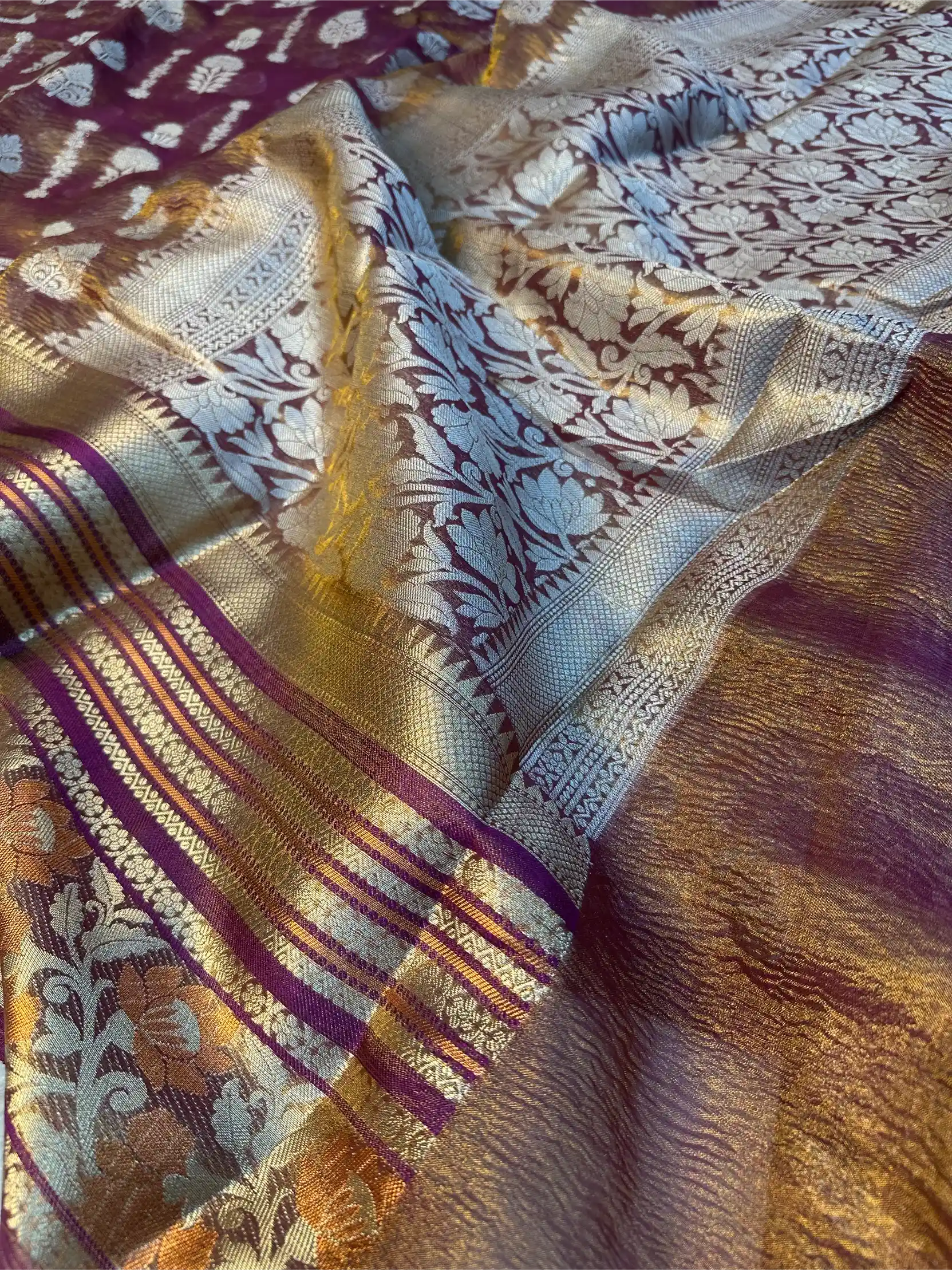 Rusted Purple Shade Crushed Tissue Silk Banarasi Saree