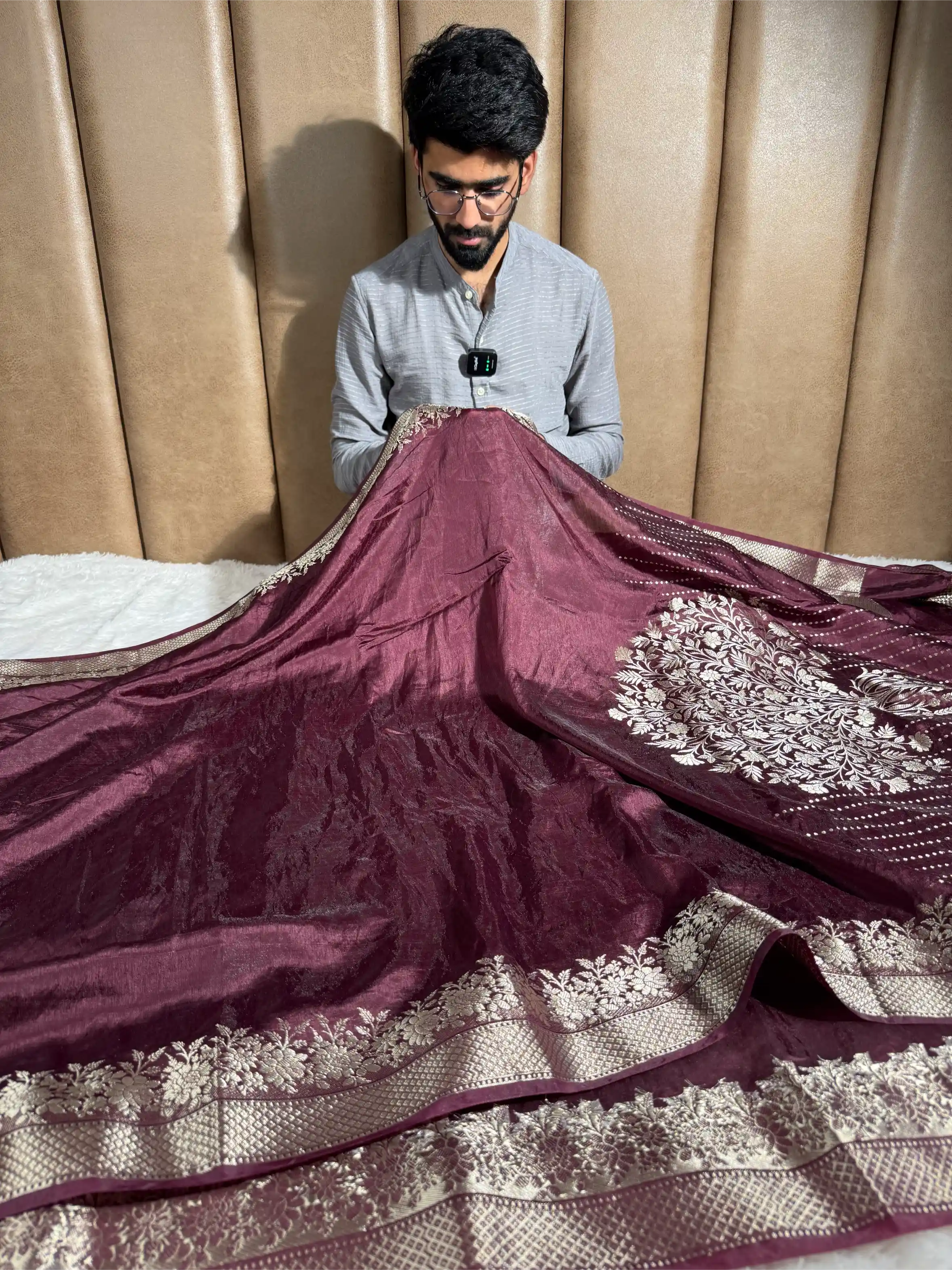 Rare Wine Crepe Chinia Silk Banarasi Saree