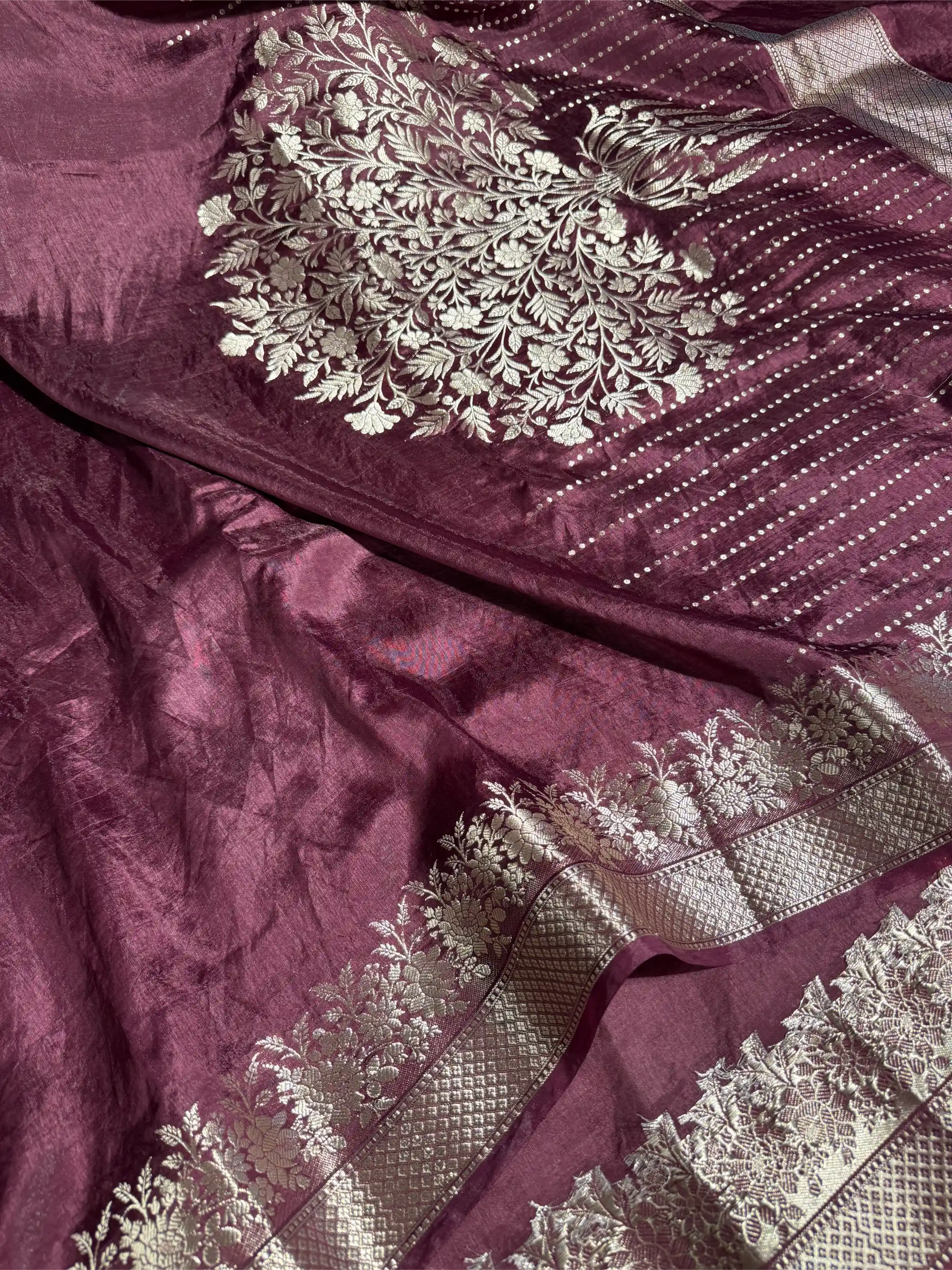 Rare Wine Crepe Chinia Silk Banarasi Saree