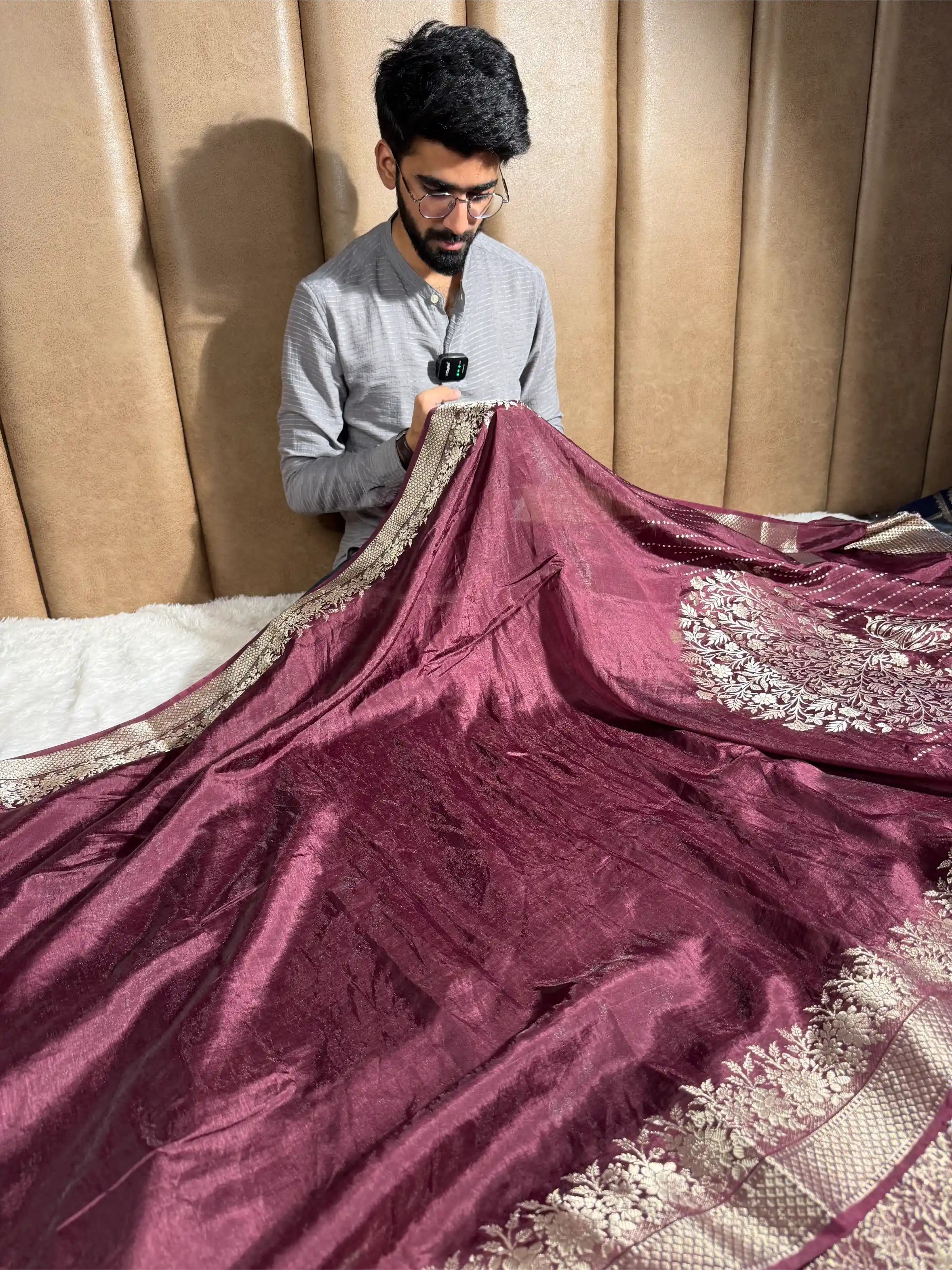 Rare Wine Crepe Chinia Silk Banarasi Saree