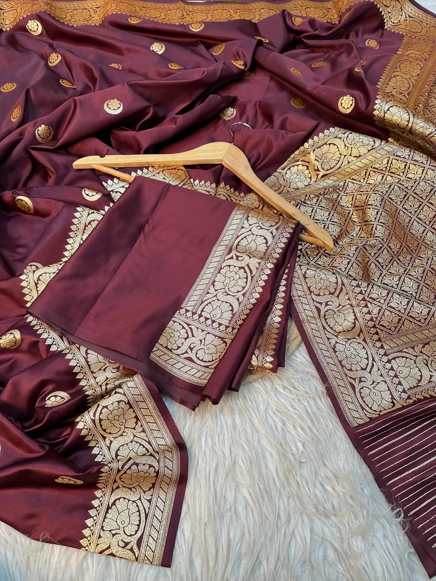 Rare Wine Satin Katan Silk Heritage Chand Tara Design Banarasi Saree