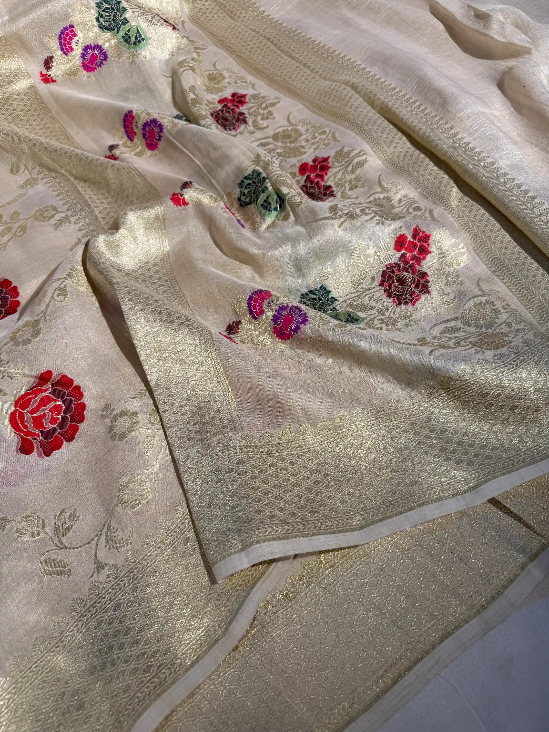 Raw Shade Pure Tussar Georgette Silk Alfi Meenakari Banarasi Saree