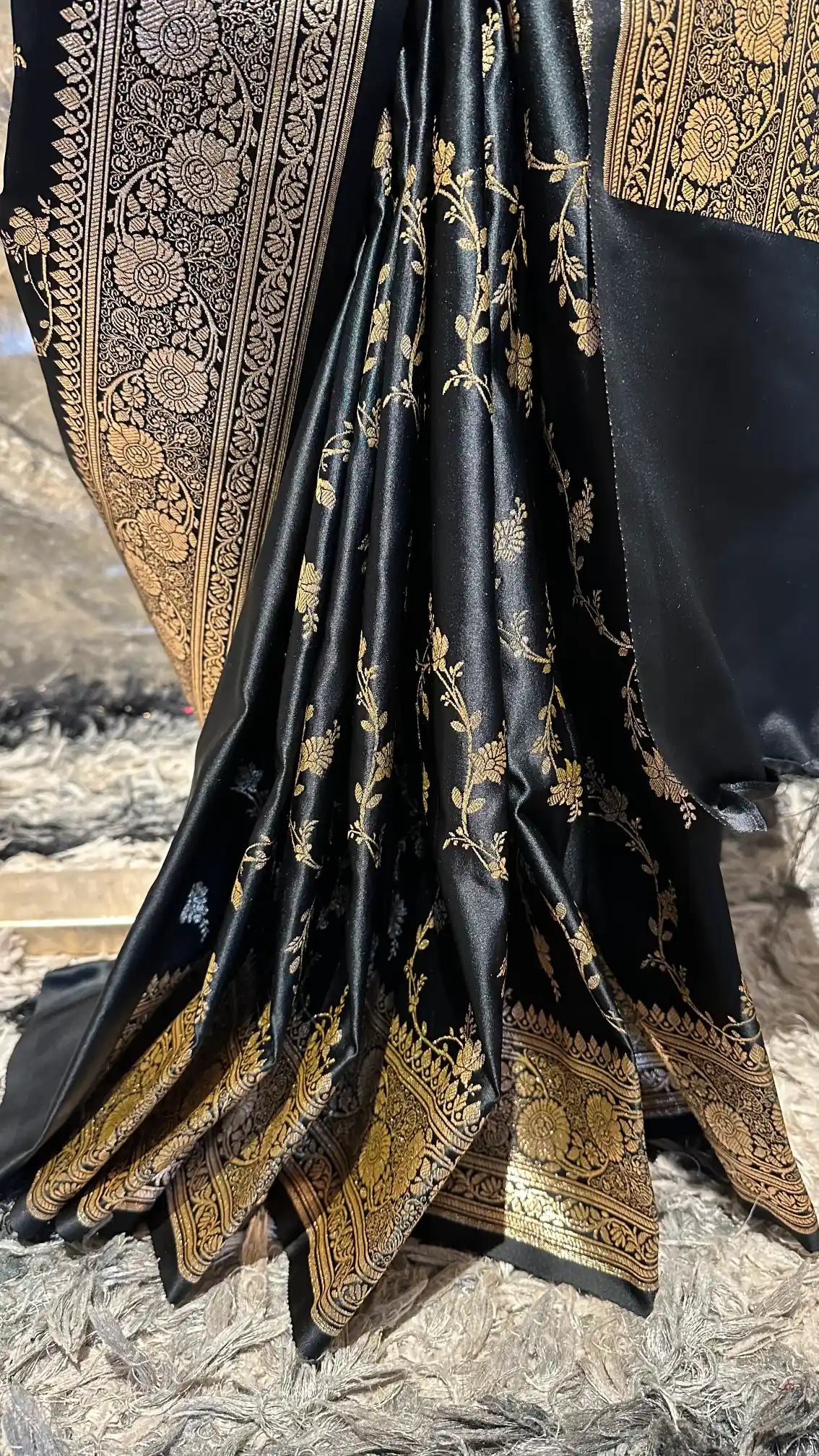 Ready To Wear Black Satin Silk Traditional Banarasi Saree