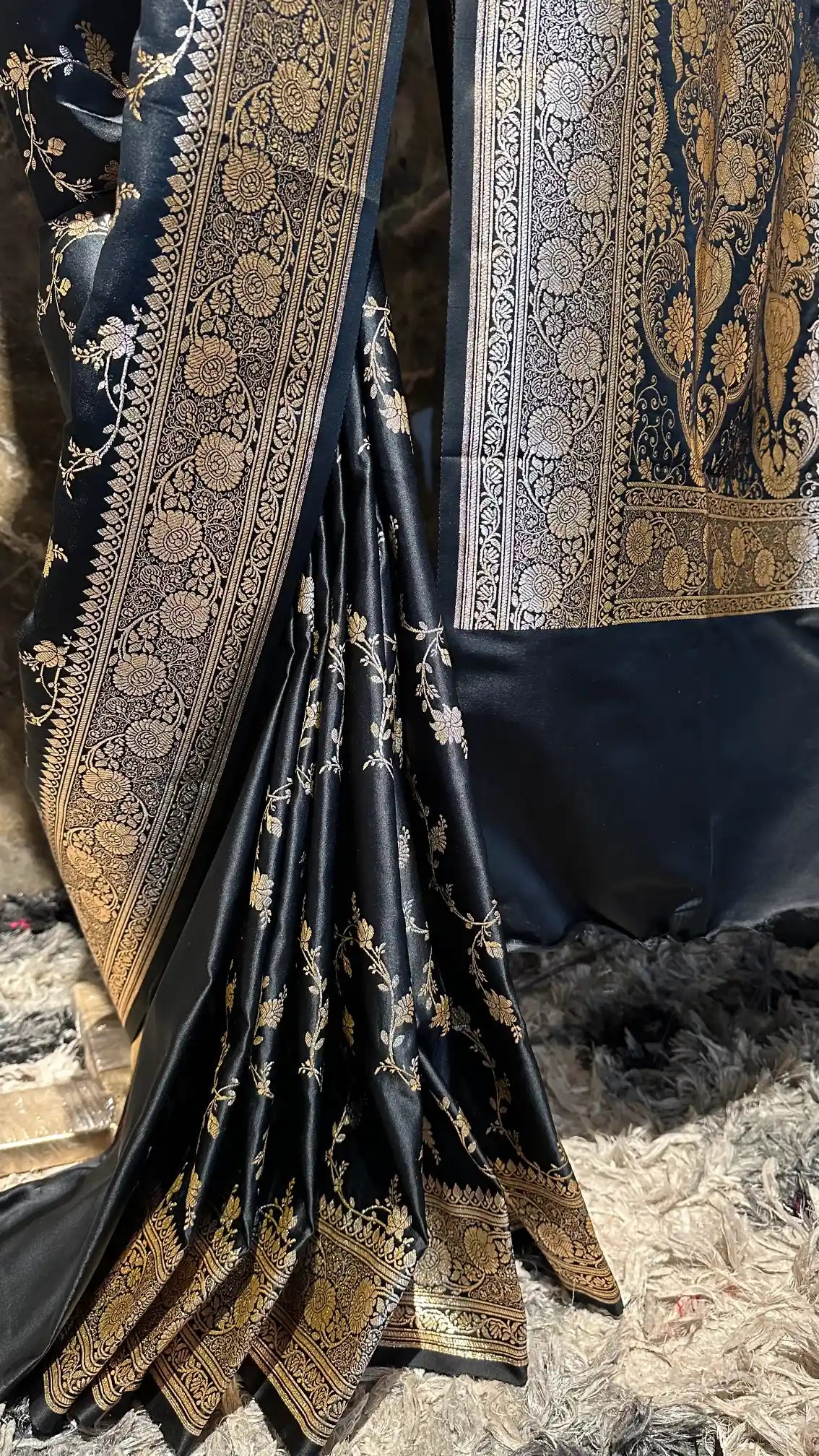 Ready To Wear Black Satin Silk Traditional Banarasi Saree