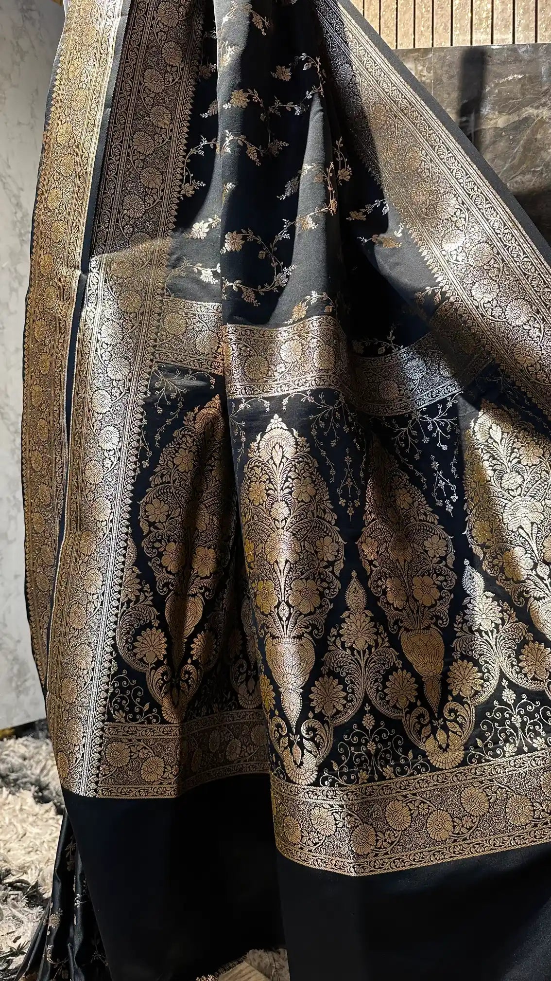 Ready To Wear Black Satin Silk Traditional Banarasi Saree