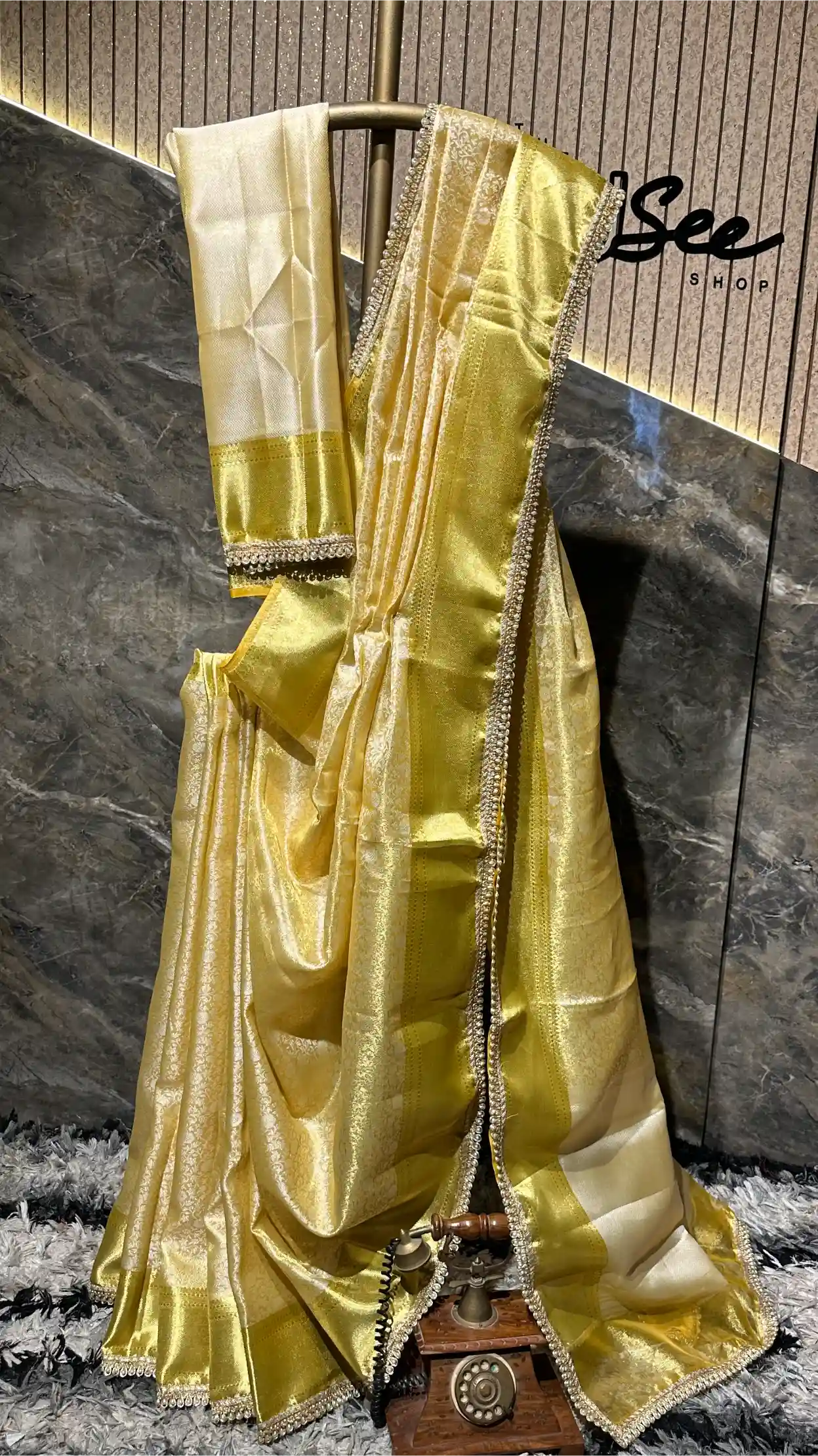 Ready To Wear Embossed Kanjivaram Gold Tissue Silk Designer Lace Work Banarasi Saree